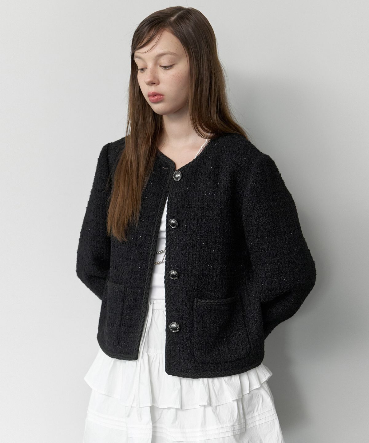 클루니(CLUNY) Glowline wool tweed jacket - black