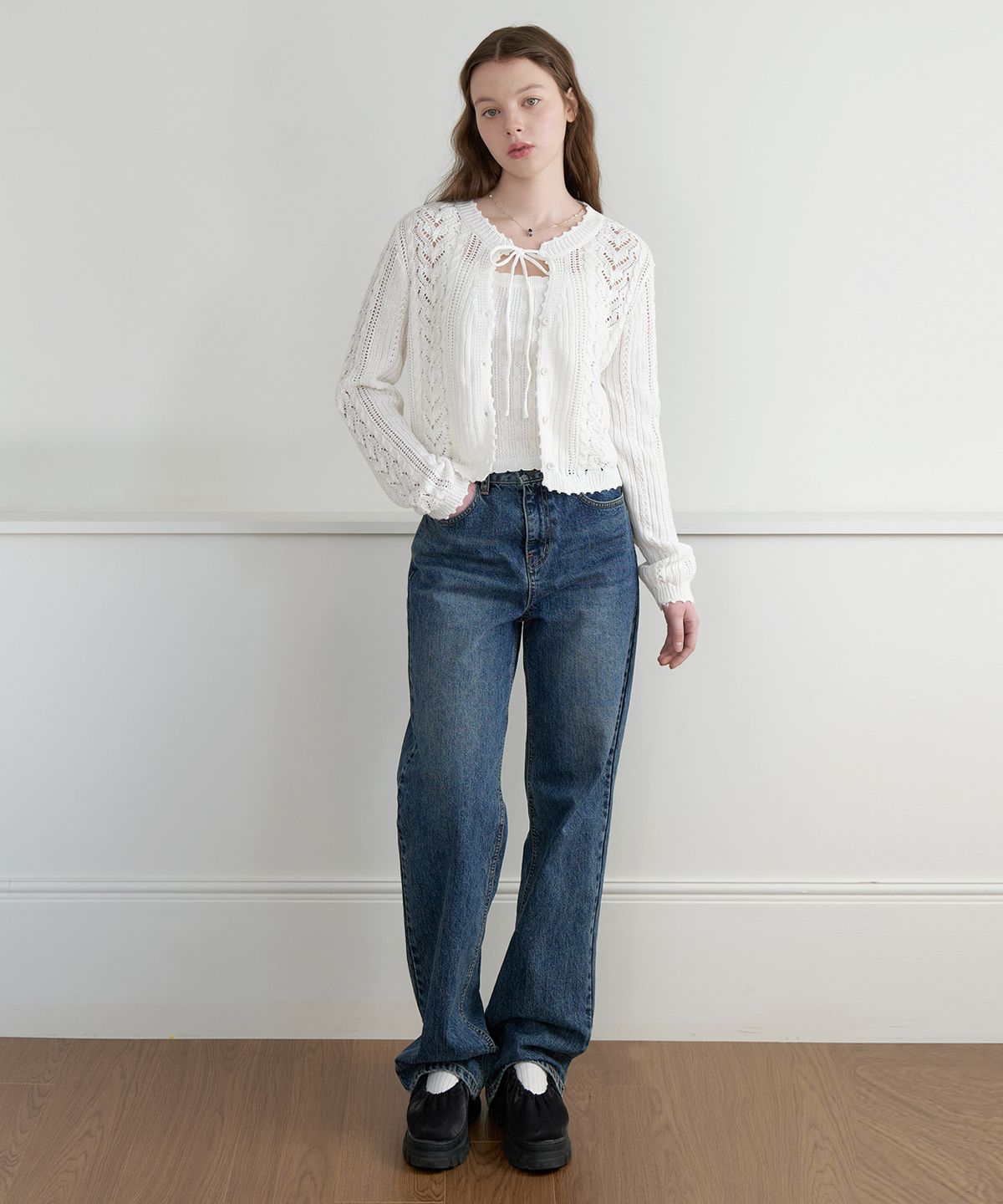 클루니(CLUNY) [SET] Daisy leaf scallop knit cardigan - white