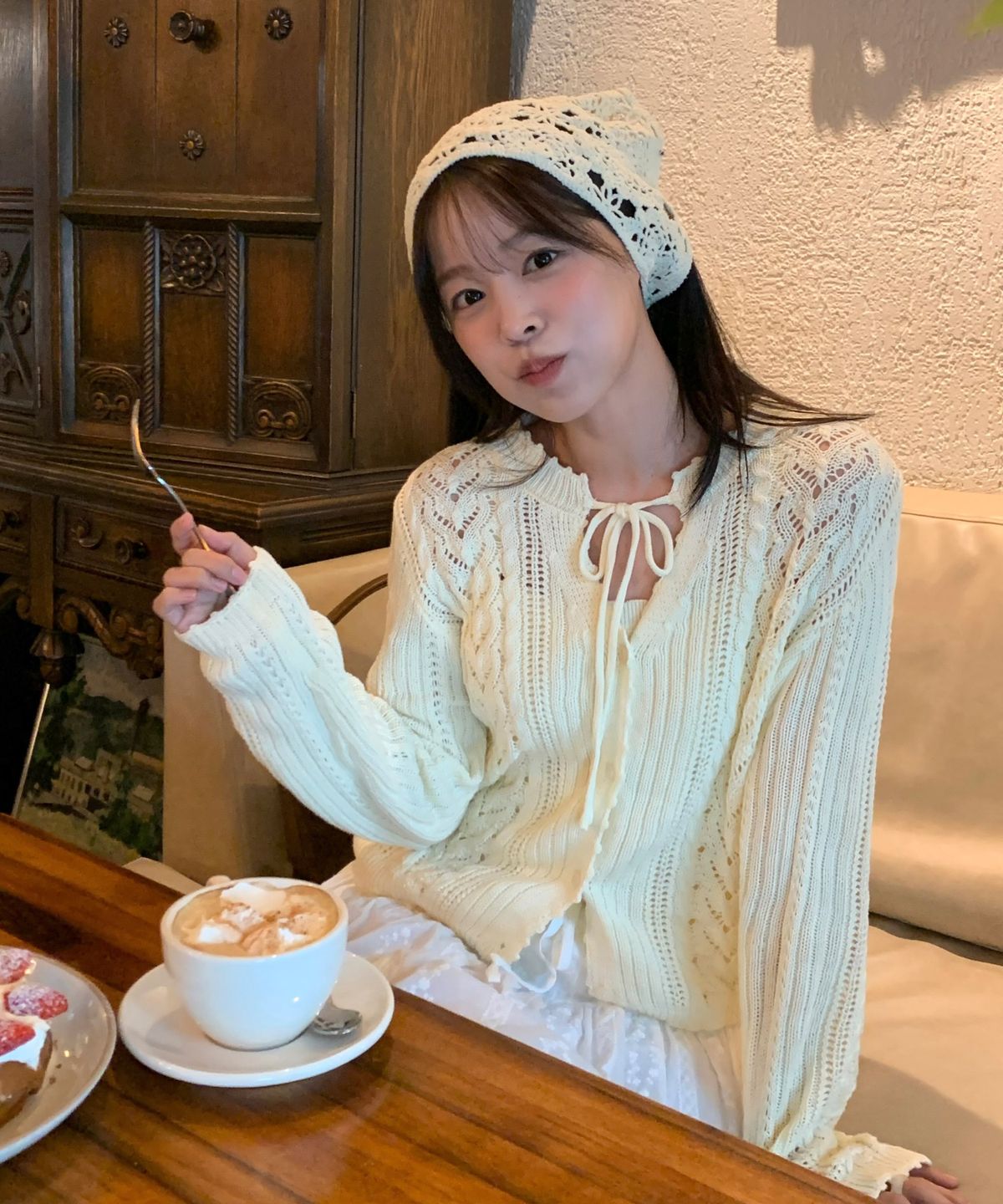 클루니(CLUNY) [SET] Daisy leaf scallop knit cardigan - butter