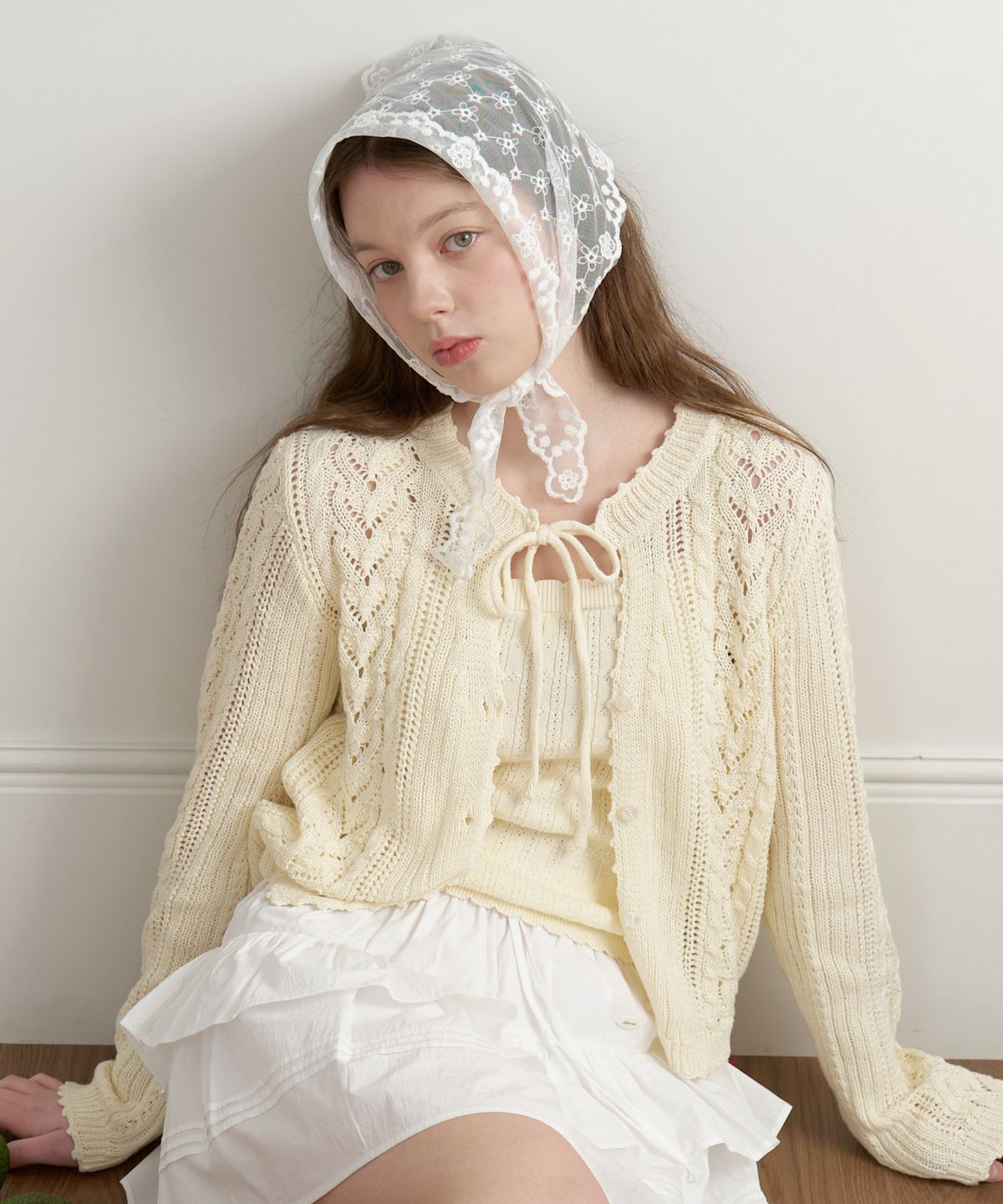 클루니(CLUNY) [SET] Daisy leaf scallop knit cardigan - butter