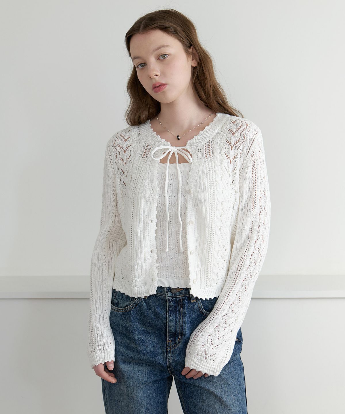 클루니(CLUNY) [SET] Daisy leaf scallop knit cardigan - butter