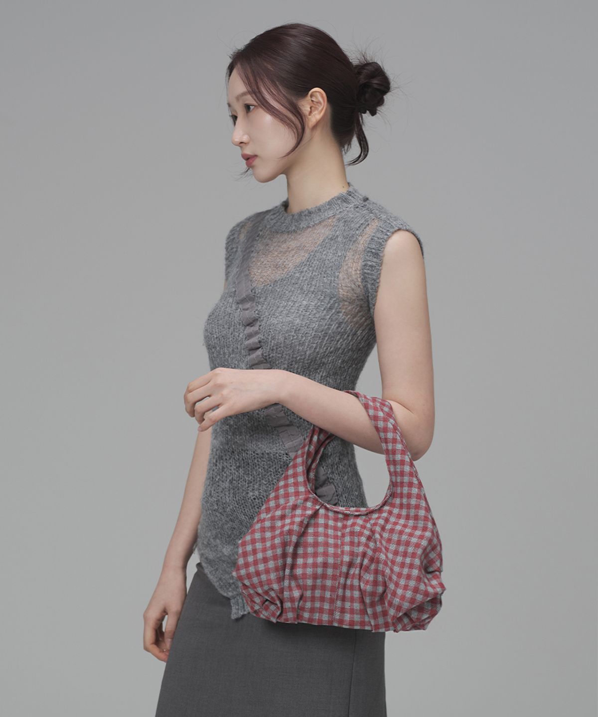 키미미(KIMIMI) 덤플링 토트 백 빈티지 레드 체크