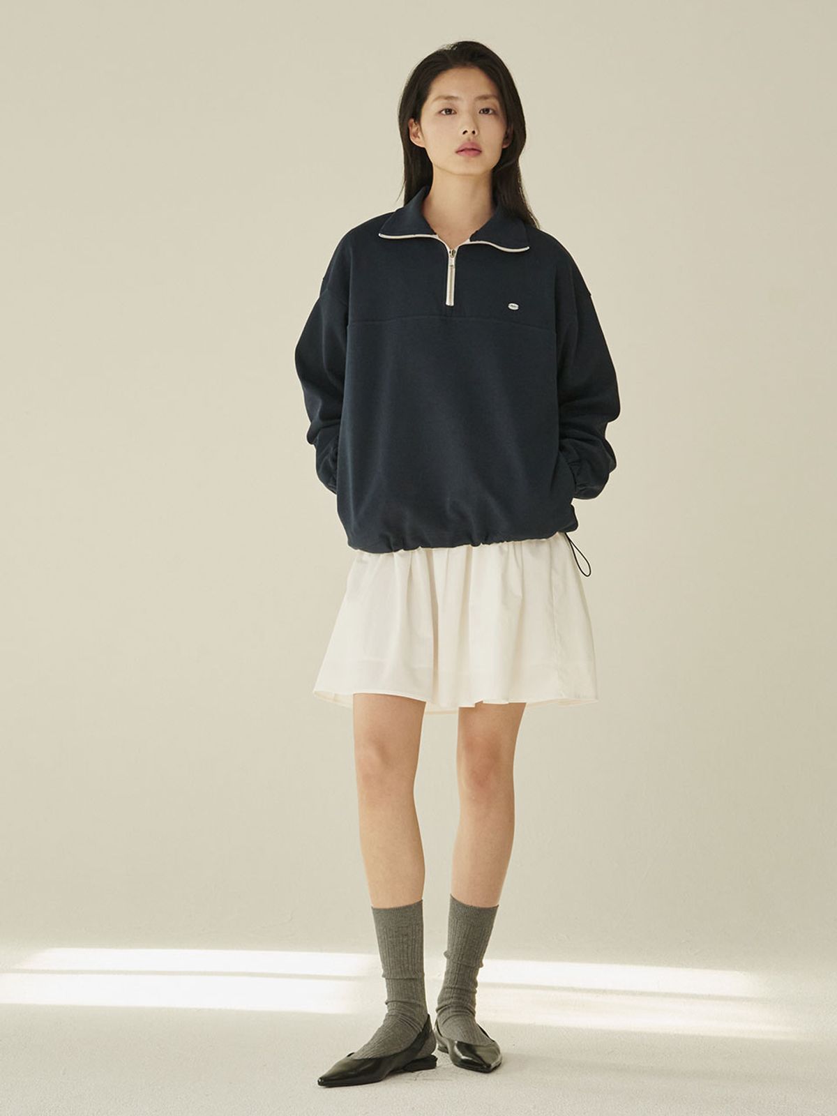 누브(NOUVE) 코튼 하프 집업 스웻셔츠 - 네이비/ Cotton Half-Zip Up Sweatshirt - Navy