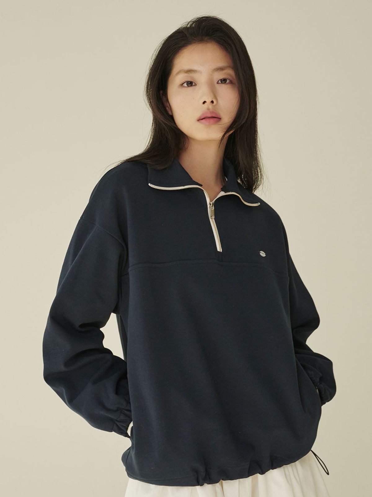 누브(NOUVE) 코튼 하프 집업 스웻셔츠 - 네이비/ Cotton Half-Zip Up Sweatshirt - Navy