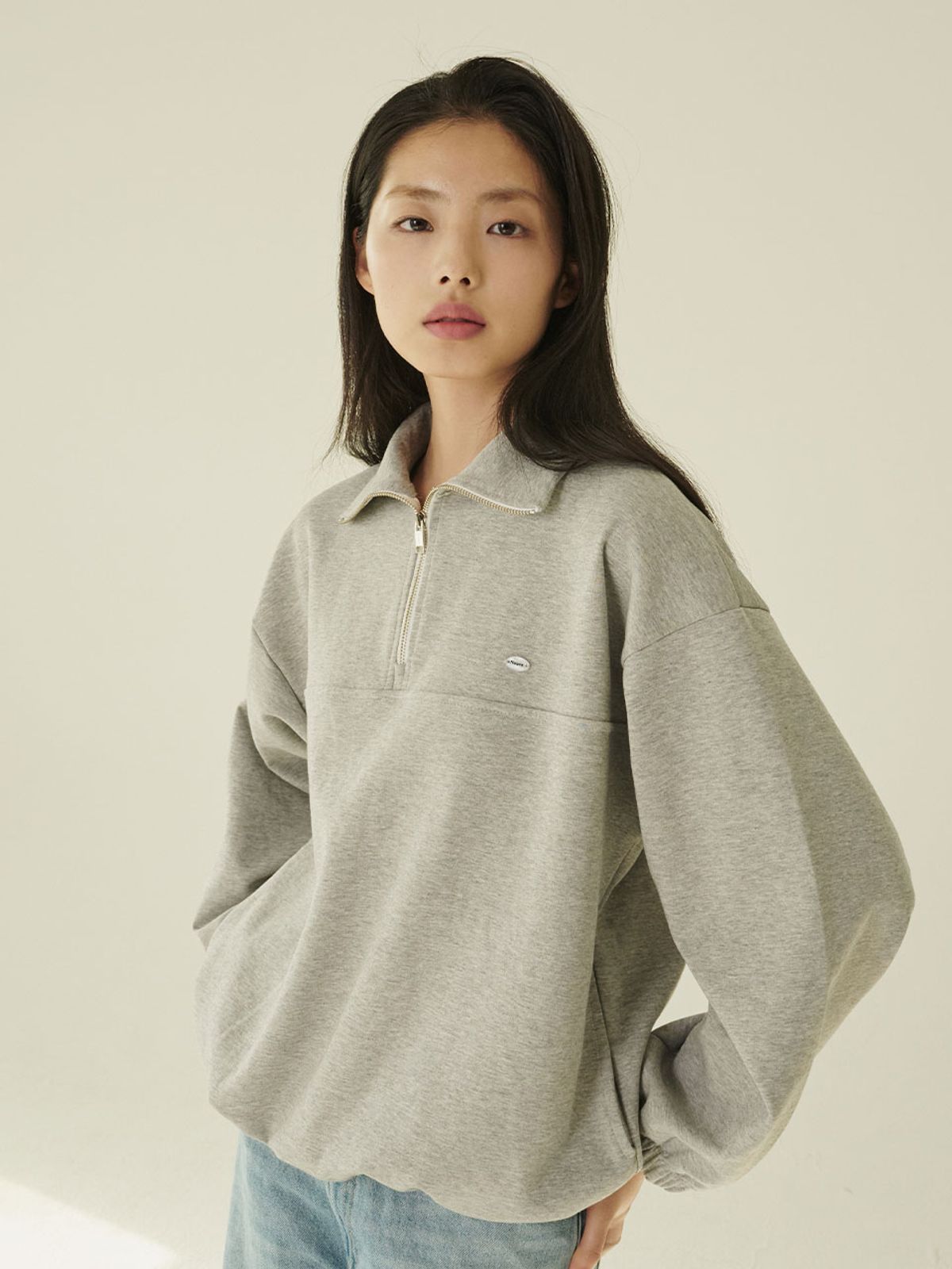누브(NOUVE) 코튼 하프 집업 스웻셔츠 - 멜란지 그레이/ Cotton Half-Zip Up Sweatshirt - M.Gray