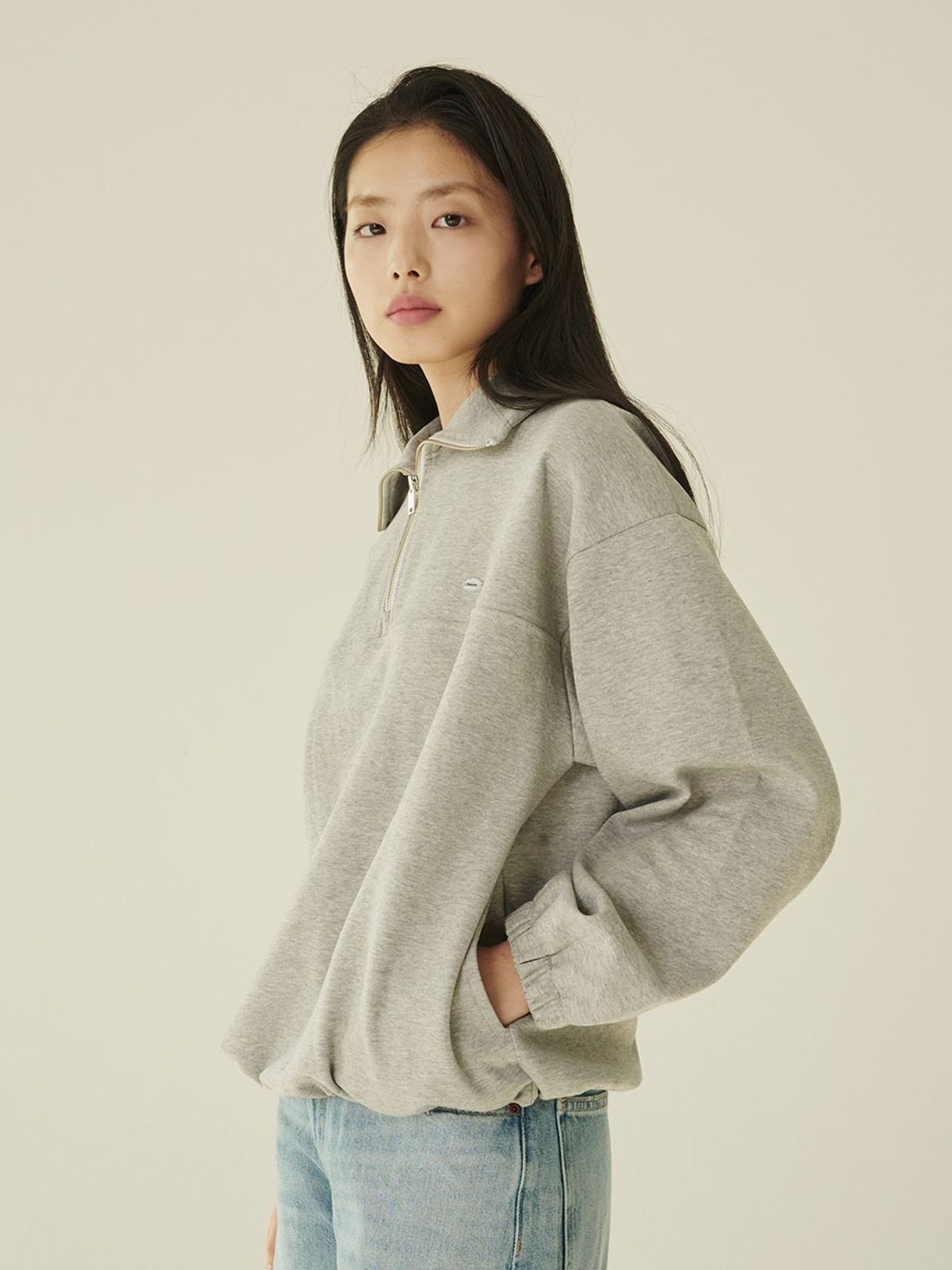누브(NOUVE) 코튼 하프 집업 스웻셔츠 - 멜란지 그레이/ Cotton Half-Zip Up Sweatshirt - M.Gray