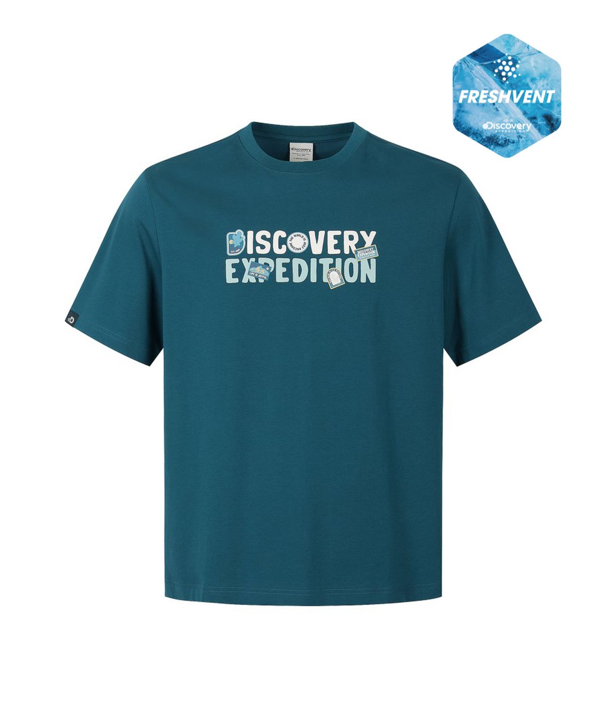디스커버리 익스페디션(DISCOVERY EXPEDITION) 유니 프레시벤트 콜라주 레터링 반팔티셔츠 (L/TURQUOISE)