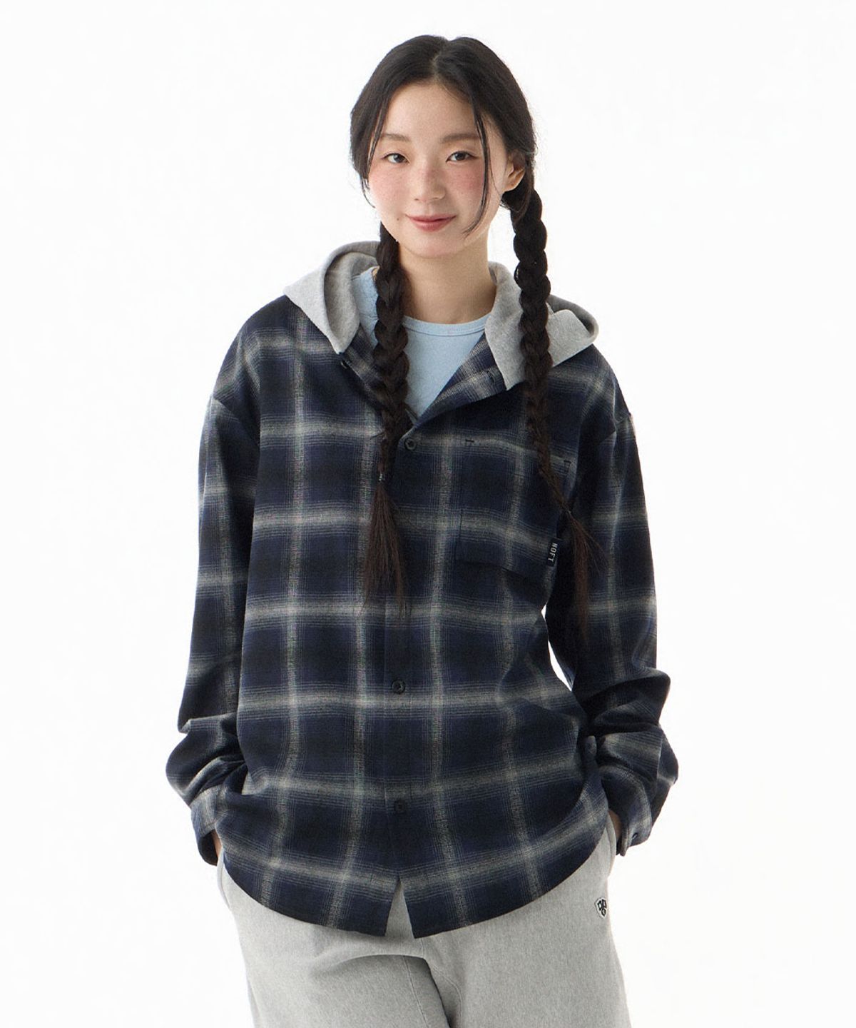 낫온리포투데이(NOT ONLY FOR TODAY) 후디드 체크 셔츠 아우터 [네이비]