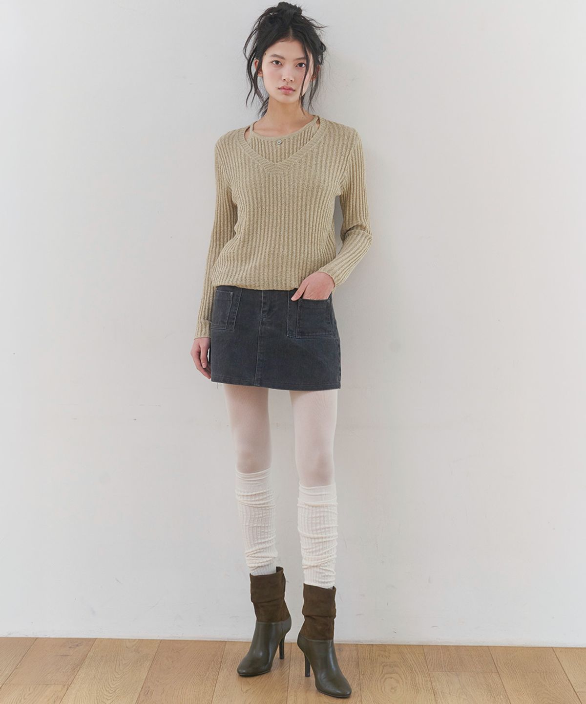 쿨키튼(KOOLKITTEN) [빈티지무드/벨트포함/몸매보정] 빈티지 포켓 벨트 미니 스커트 (GRAY)