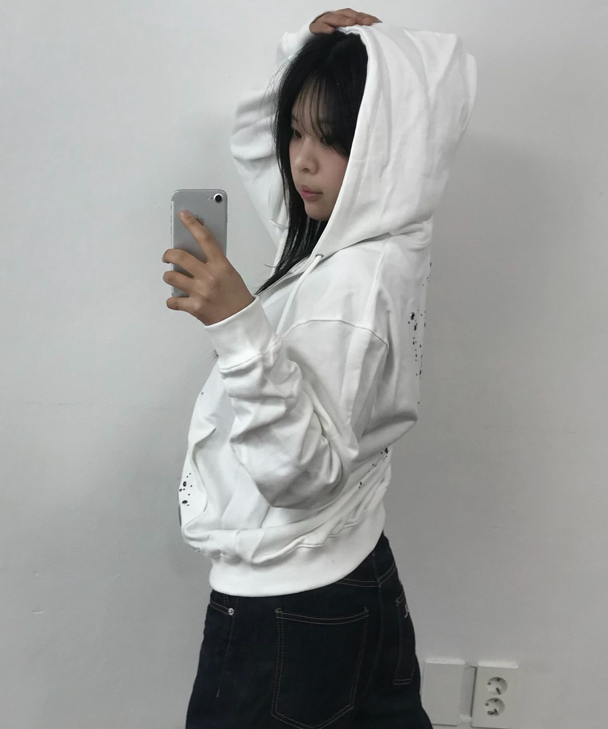 플레이스 스튜디오(PLACE STUDIO) 에센셜 아일렛 포인트 스웨트 오버핏 코튼 긴팔 후드 집업 자켓  [화이트]