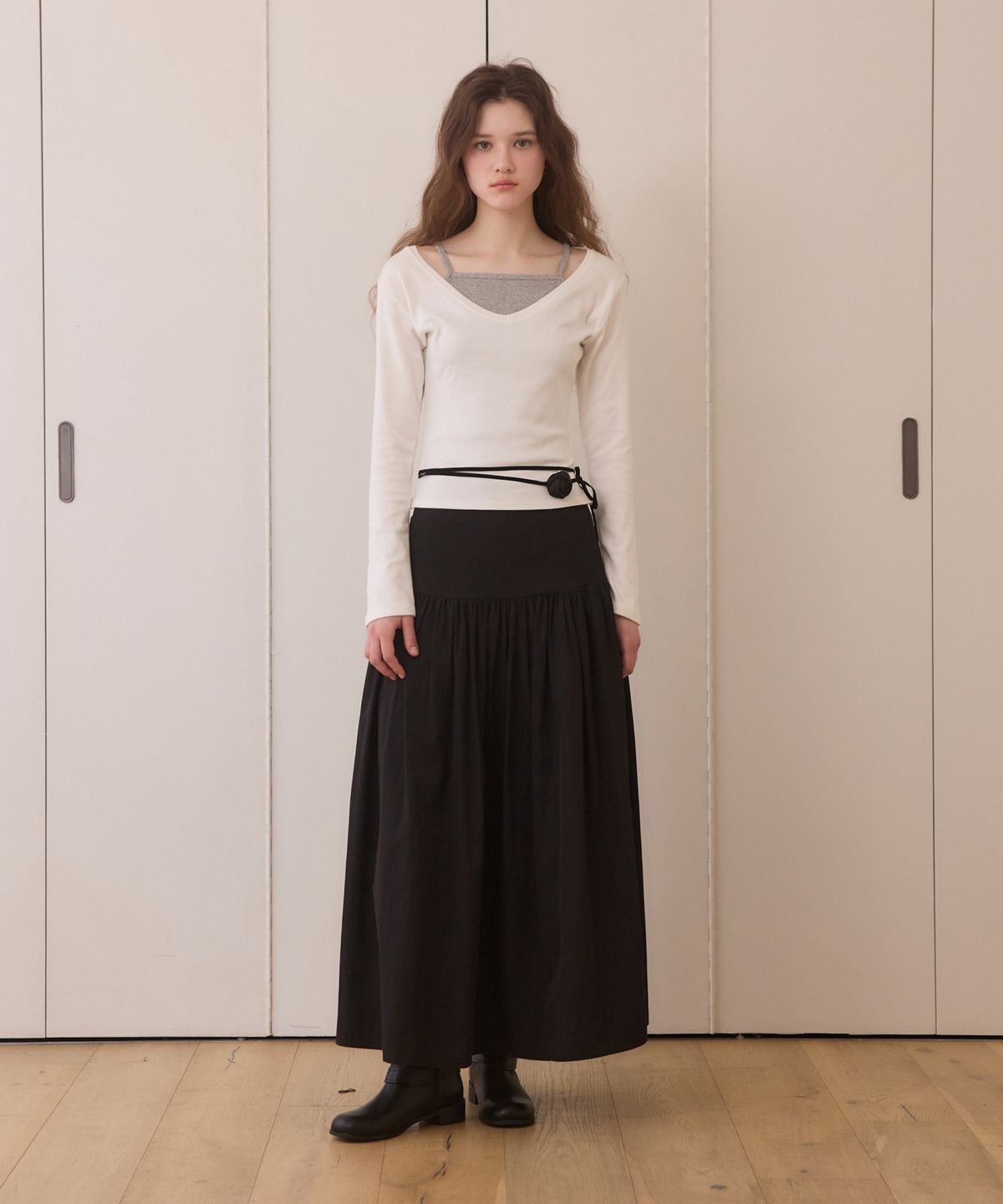 어다울(ADAUL) Drop waist shirring long skirt - black