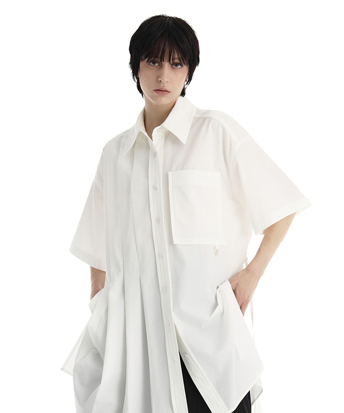 트리밍버드(TREEMINGBIRD) Pleated Daddy Fit Short Sleeve Shirt [ White ]