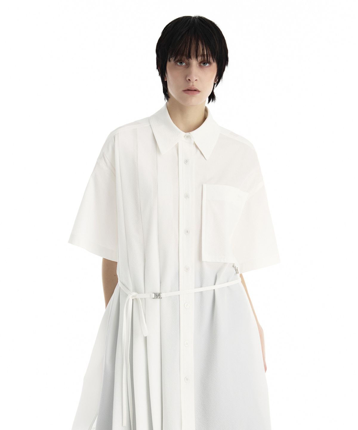 트리밍버드(TREEMINGBIRD) Pleated Daddy Fit Short Sleeve Shirt [ White ]