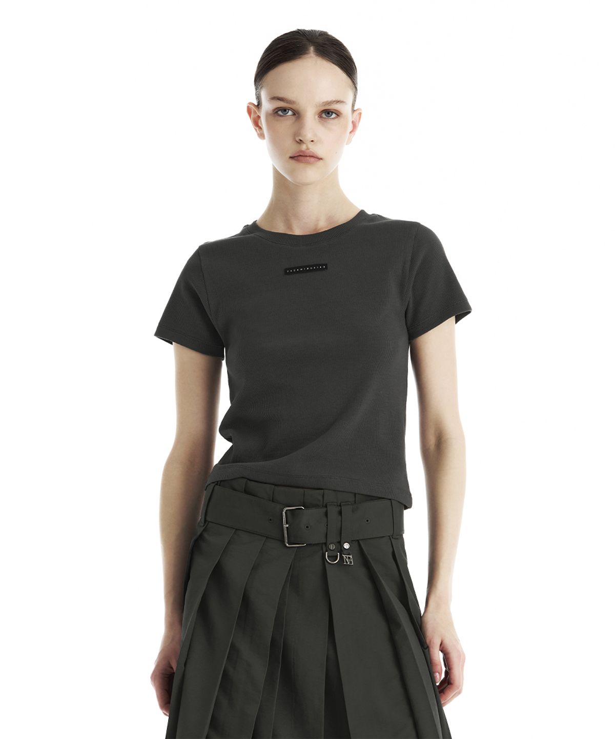트리밍버드(TREEMINGBIRD) Slim-Fit Ribbed Short Sleeve T-Shirt [ Charcoal ]