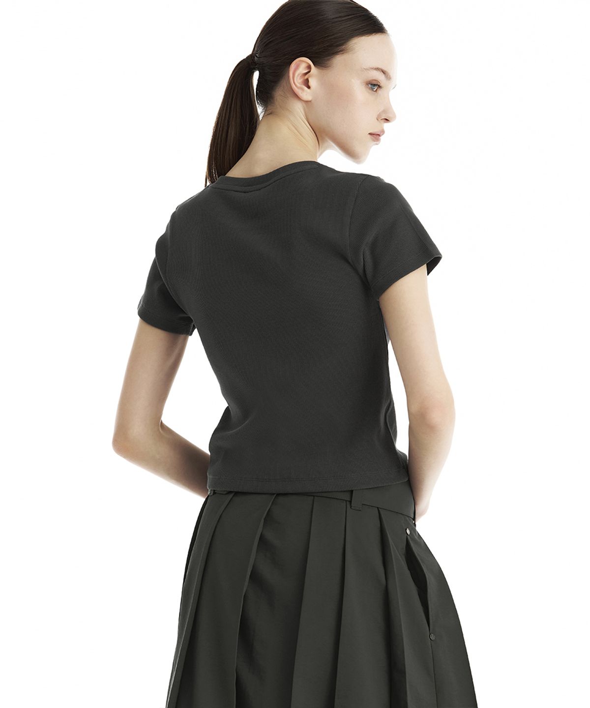 트리밍버드(TREEMINGBIRD) Slim-Fit Ribbed Short Sleeve T-Shirt [ Charcoal ]