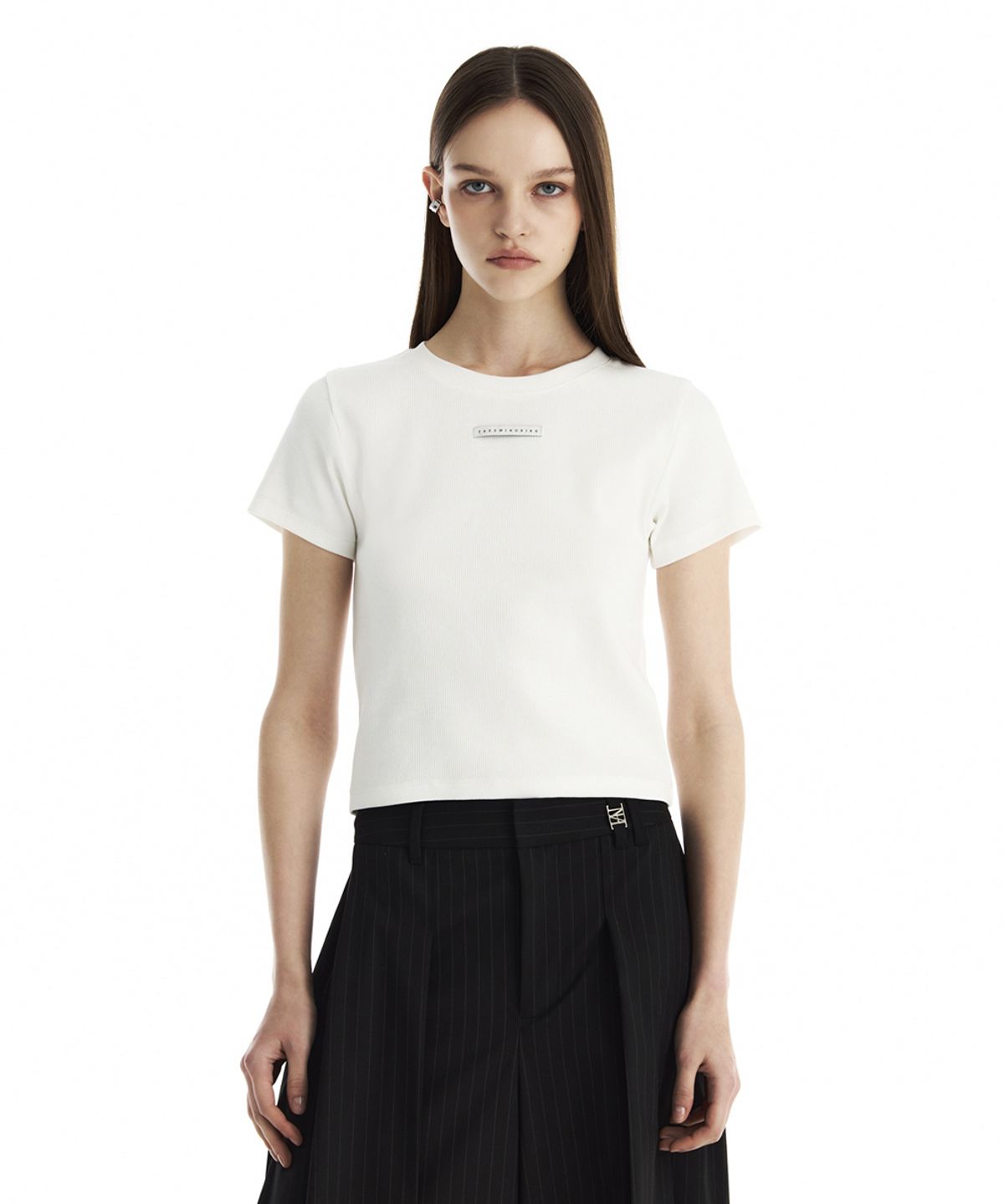 트리밍버드(TREEMINGBIRD) Slim-Fit Ribbed Short Sleeve T-Shirt [ White ]