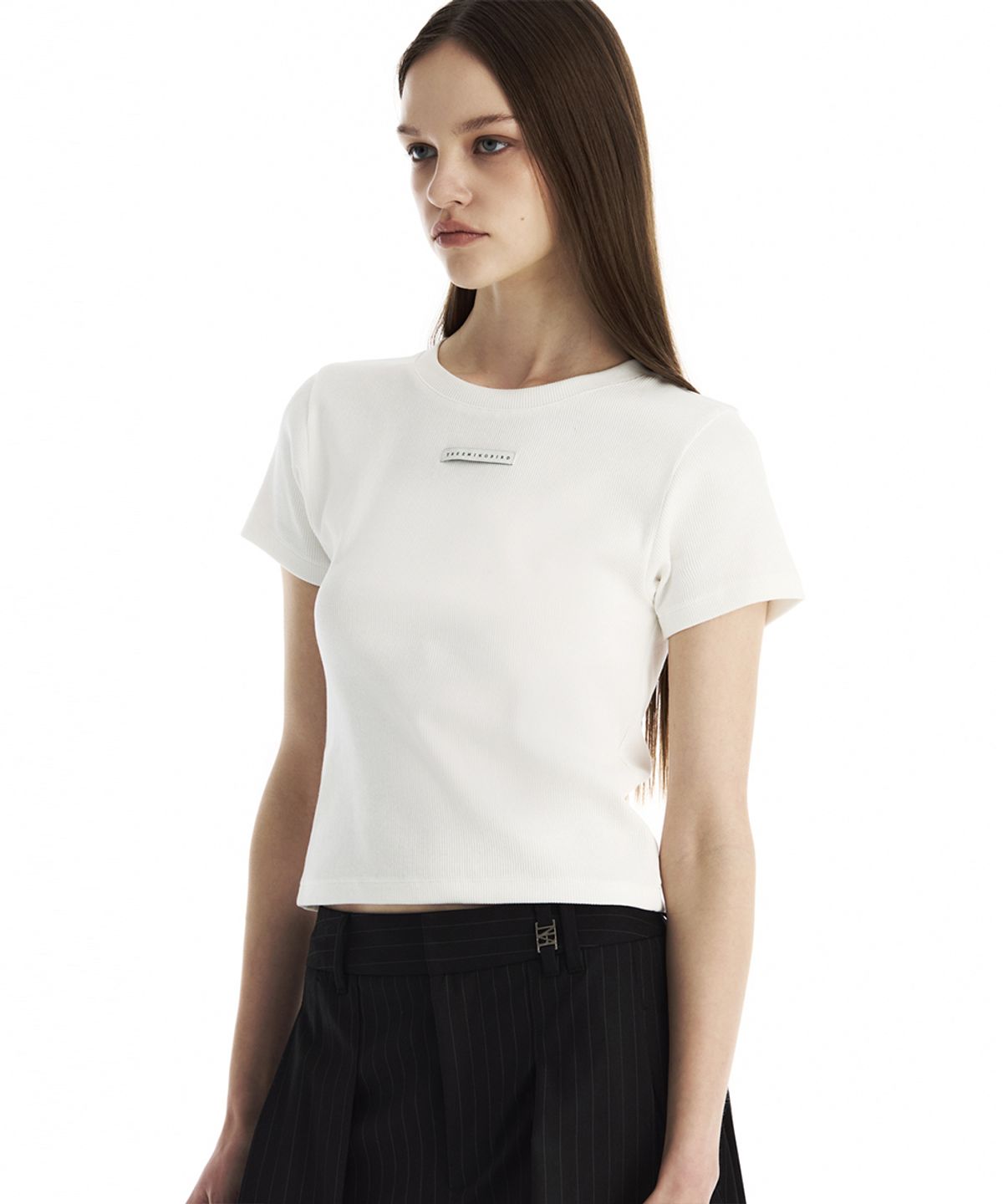 트리밍버드(TREEMINGBIRD) Slim-Fit Ribbed Short Sleeve T-Shirt [ White ]