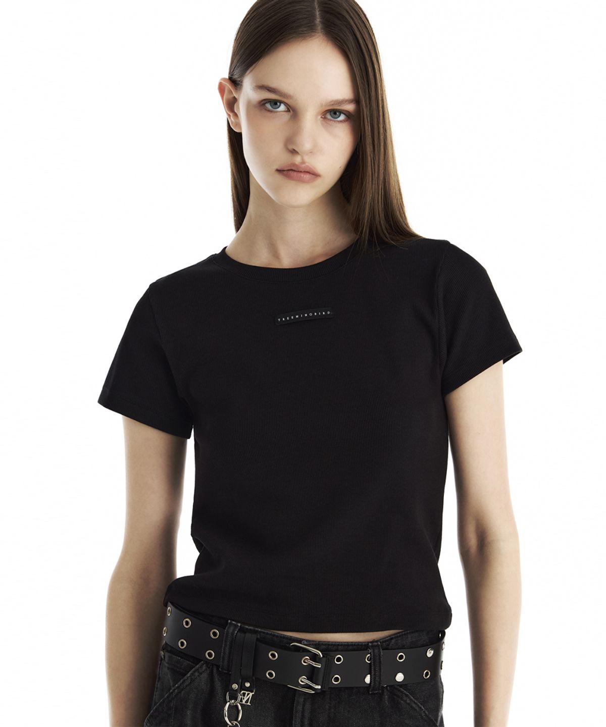 트리밍버드(TREEMINGBIRD) Slim-Fit Ribbed Short Sleeve T-Shirt [ Black ]