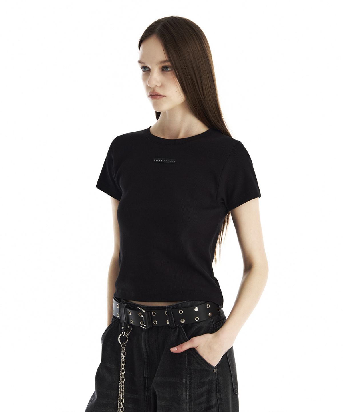 트리밍버드(TREEMINGBIRD) Slim-Fit Ribbed Short Sleeve T-Shirt [ Black ]