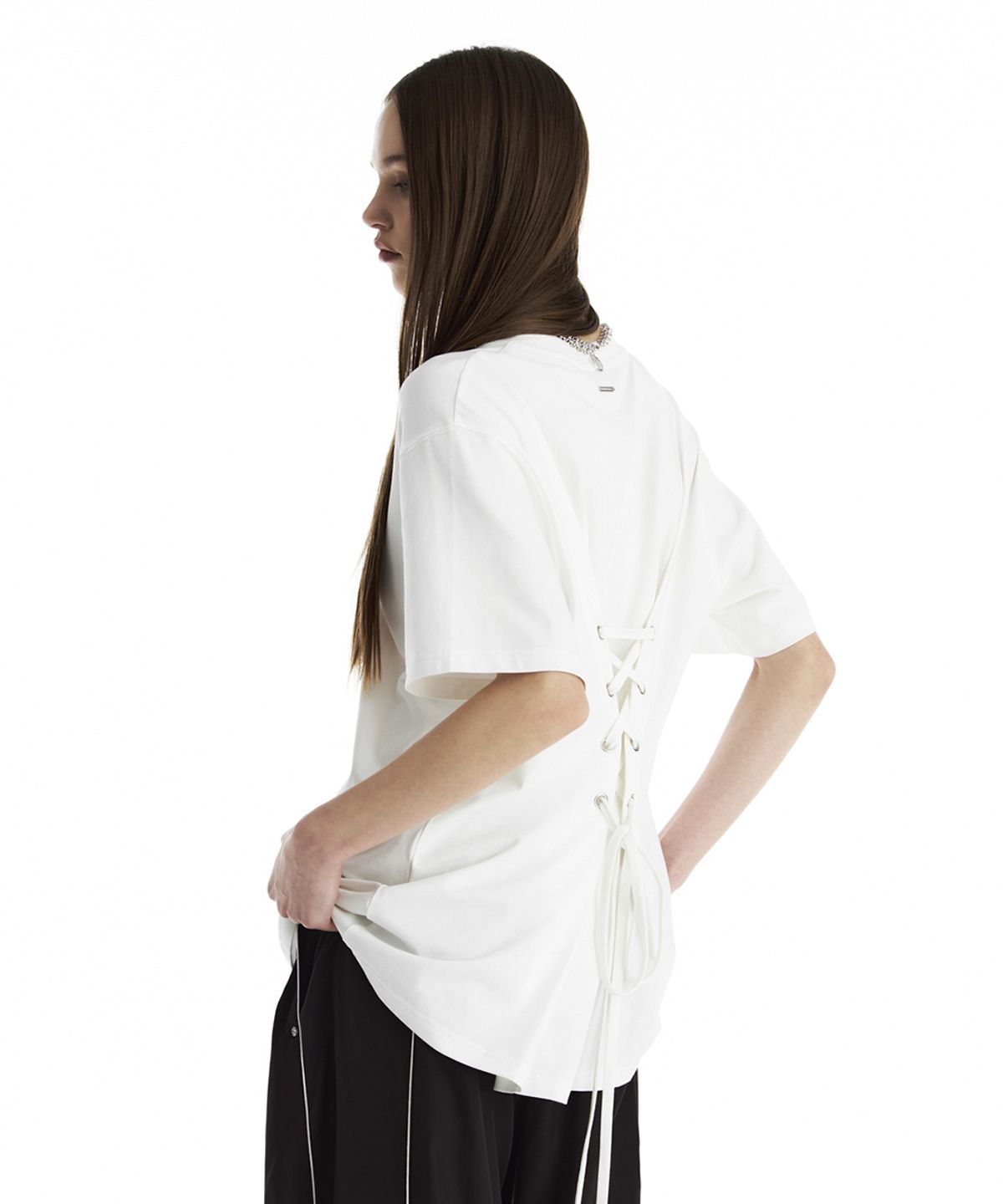 트리밍버드(TREEMINGBIRD) Back Lace-Up Corset T-Shirt [ White ]
