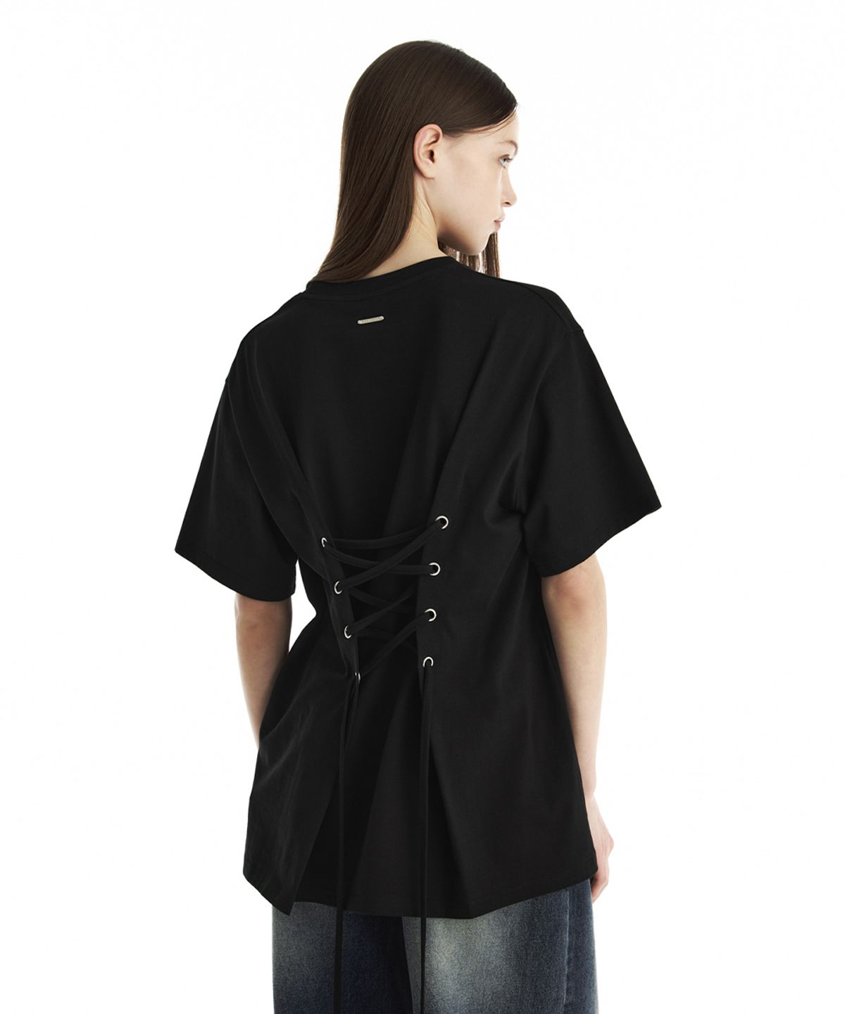 트리밍버드(TREEMINGBIRD) Back Lace-Up Corset T-Shirt [ Black ]
