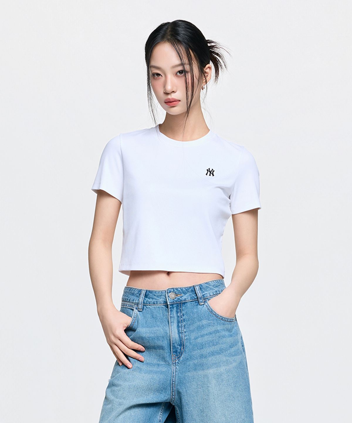 엠엘비(MLB) 여성 빈티지 슬림 골지 반팔 티셔츠 NY (White)