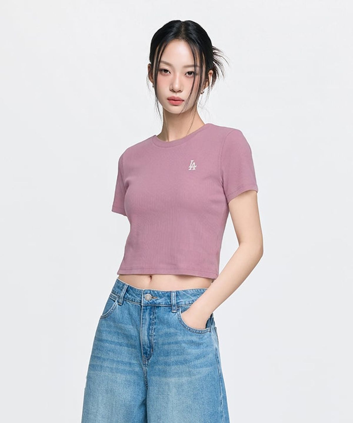 엠엘비(MLB) 여성 빈티지 슬림 골지 반팔 티셔츠 LA (Pink)