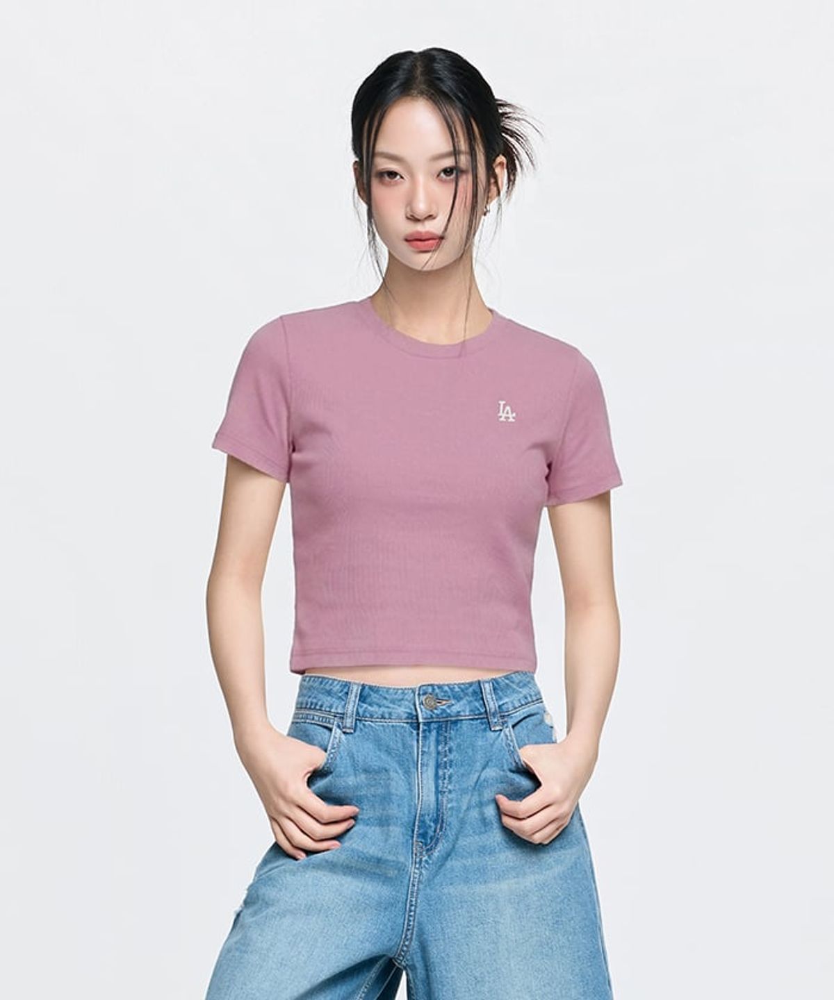 엠엘비(MLB) 여성 빈티지 슬림 골지 반팔 티셔츠 LA (Pink)