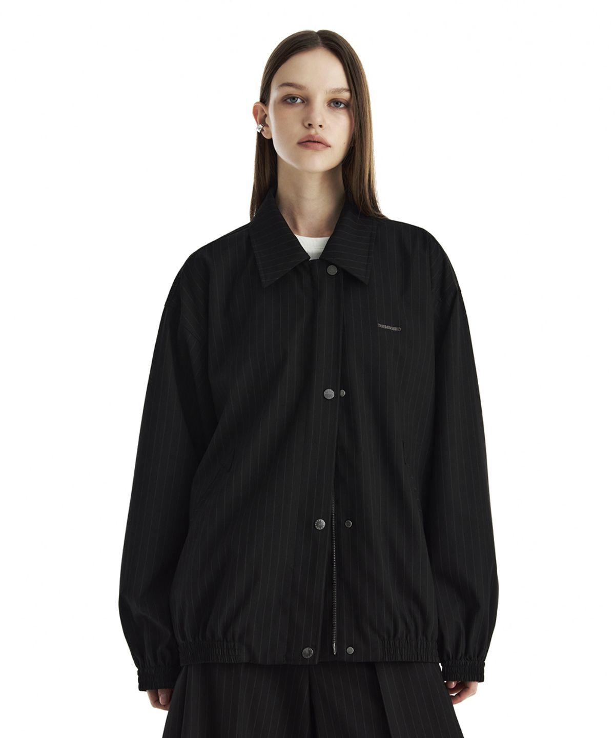 트리밍버드(TREEMINGBIRD) Stripe Oversized Blouson Set-Up Jumper [ Black ]