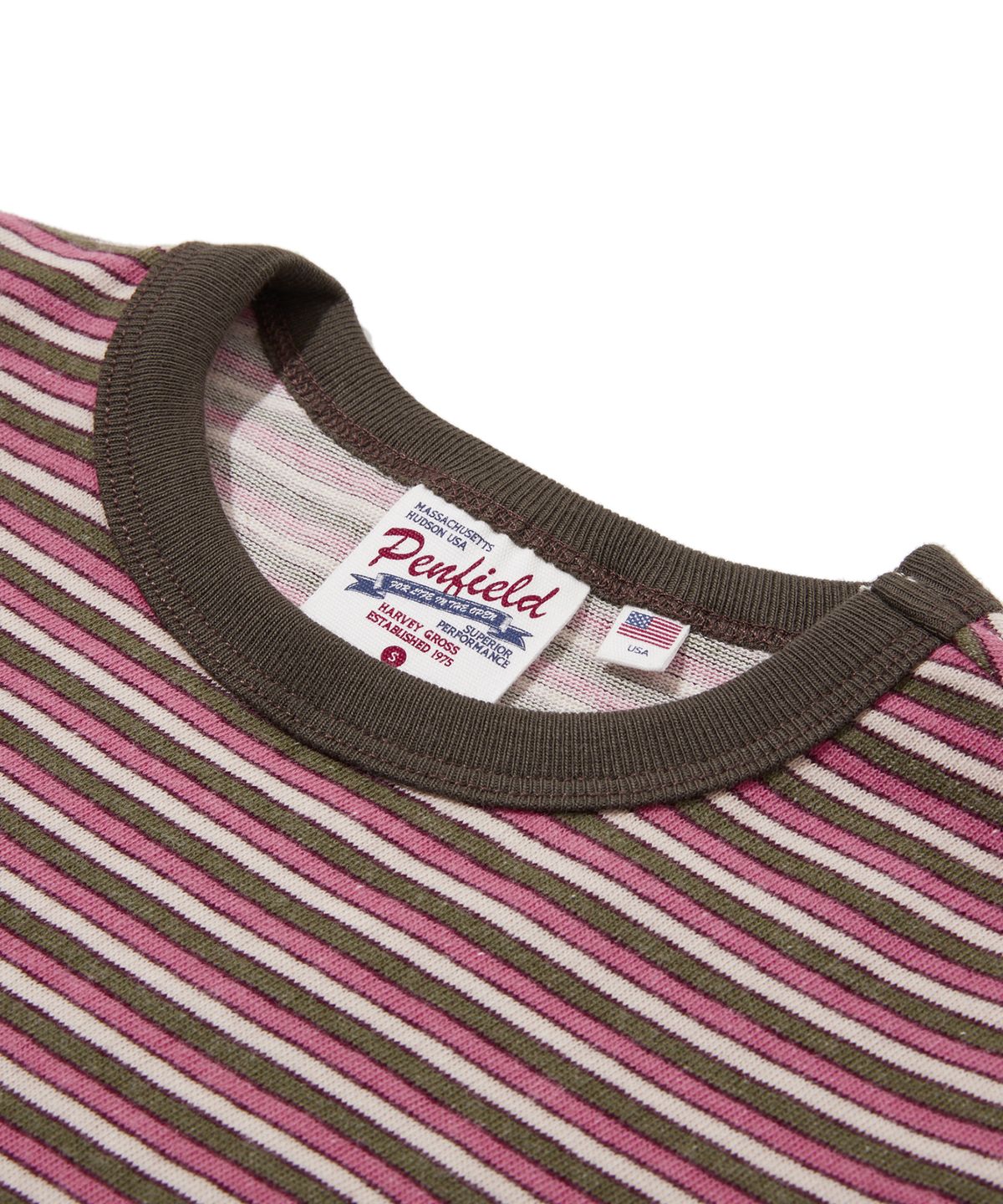 펜필드(PENFIELD) 올리브 와타나베 스트라이프 반팔 티셔츠 카키_FS2KT70F