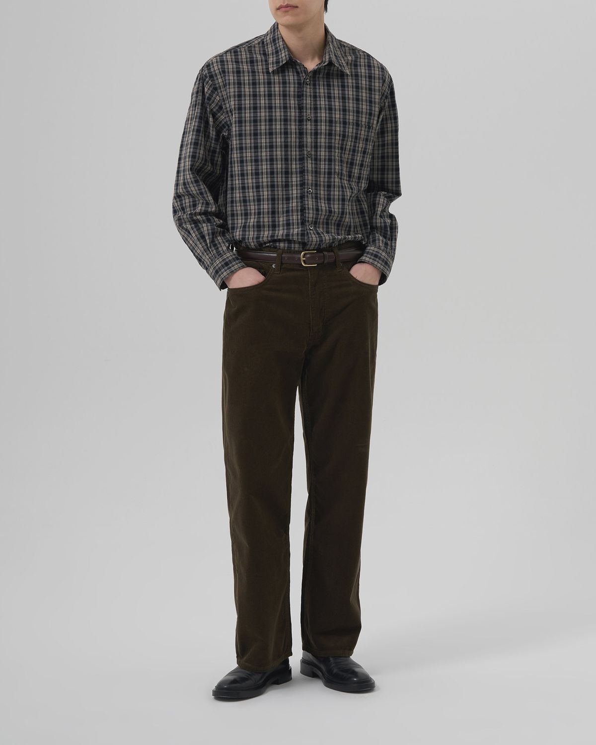 인더로우(INTHERAW) COTTON PLAID CHECKED SHIRT - CHARCOAL BROWN
