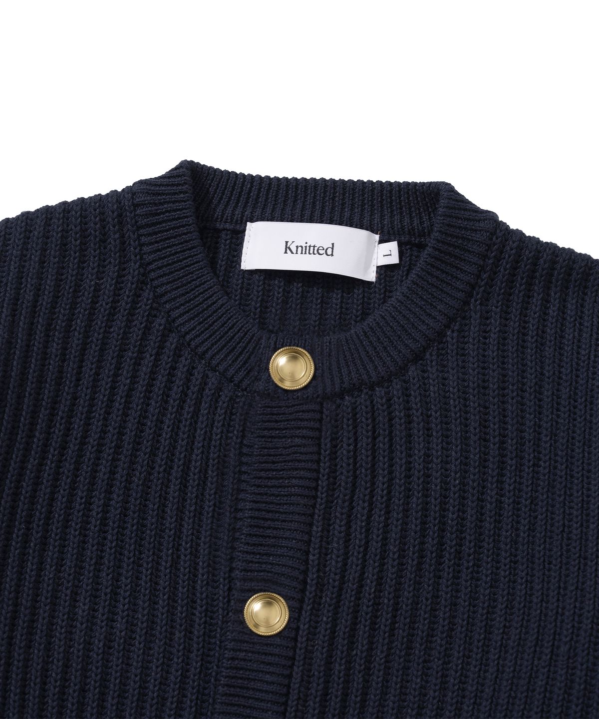 니티드(KNITTED) 헤비 와플 골드 버튼 라운드 가디건 NAVY