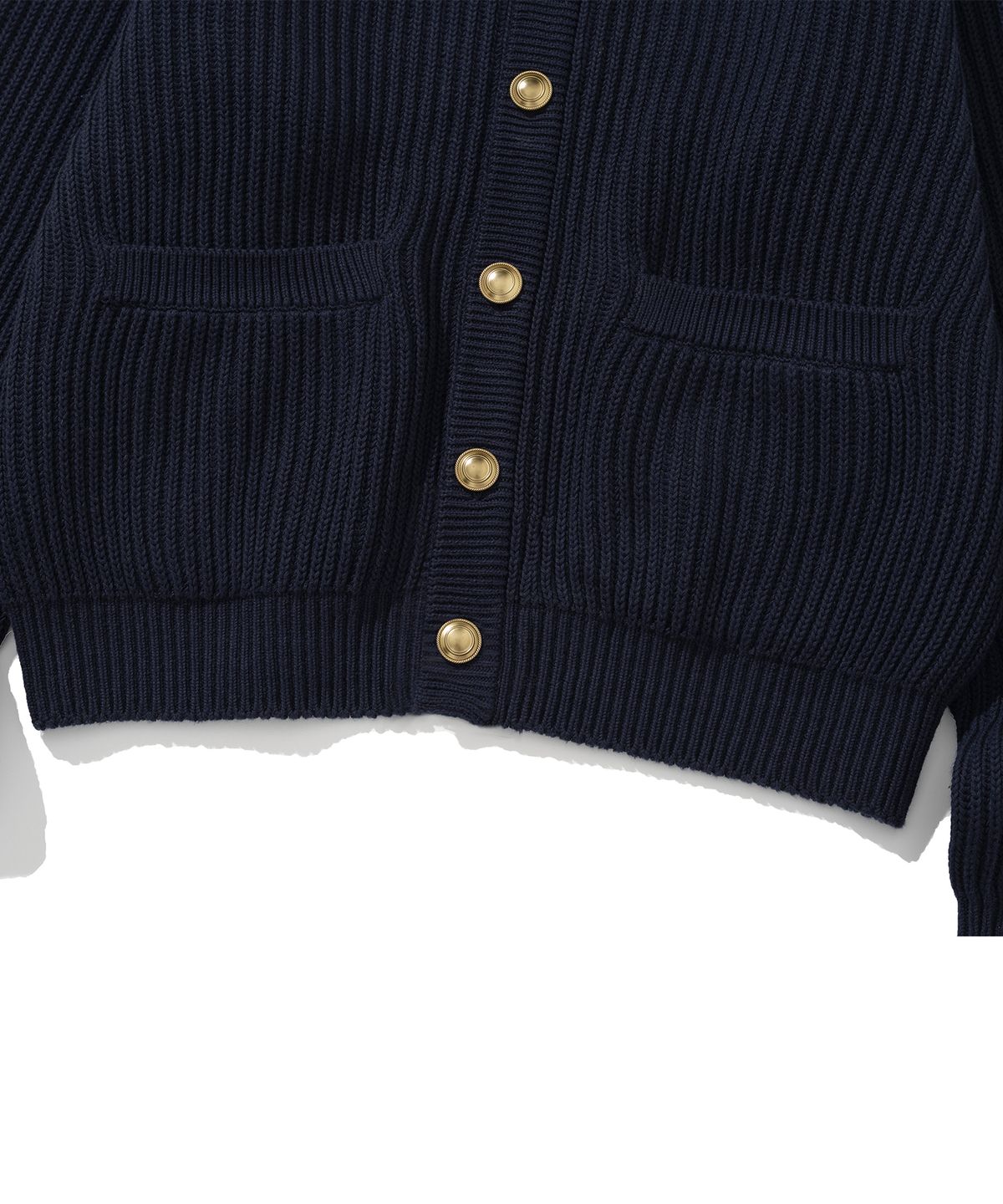 니티드(KNITTED) 헤비 와플 골드 버튼 라운드 가디건 NAVY