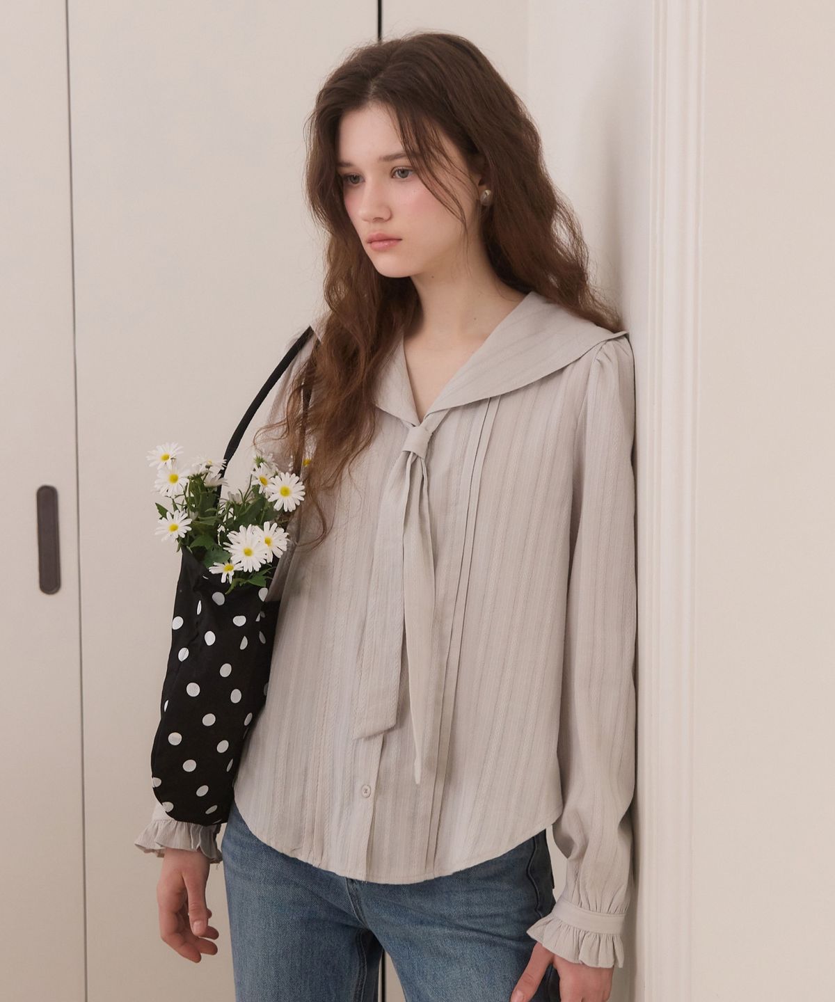 어다울(ADAUL) Sailor tie stripe blouse - ash mint