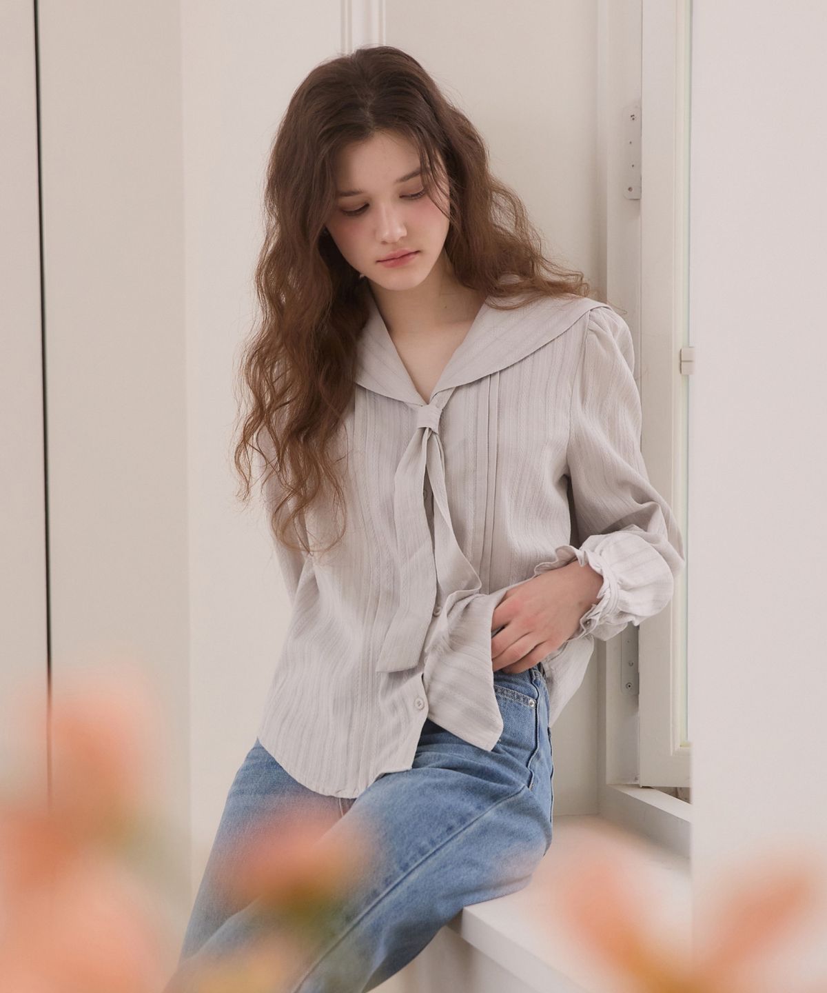 어다울(ADAUL) Sailor tie stripe blouse - ash mint
