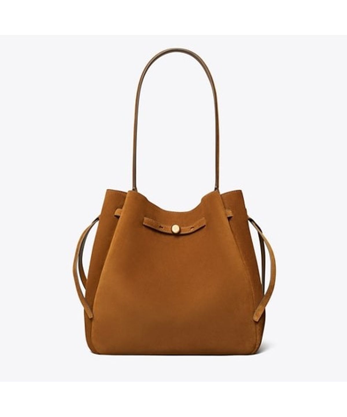 토리버치(TORYBURCH) 로미 스웨이드 라지 버킷백 - 카라멜