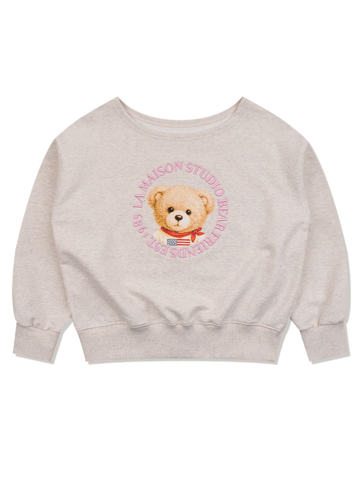 라 메종 스튜디오(LA MAISON STUDIO) BEAR FRIENDS OFF-SHOULDER SWEATSHIRTS OATMEAL(FCG1TS732W)