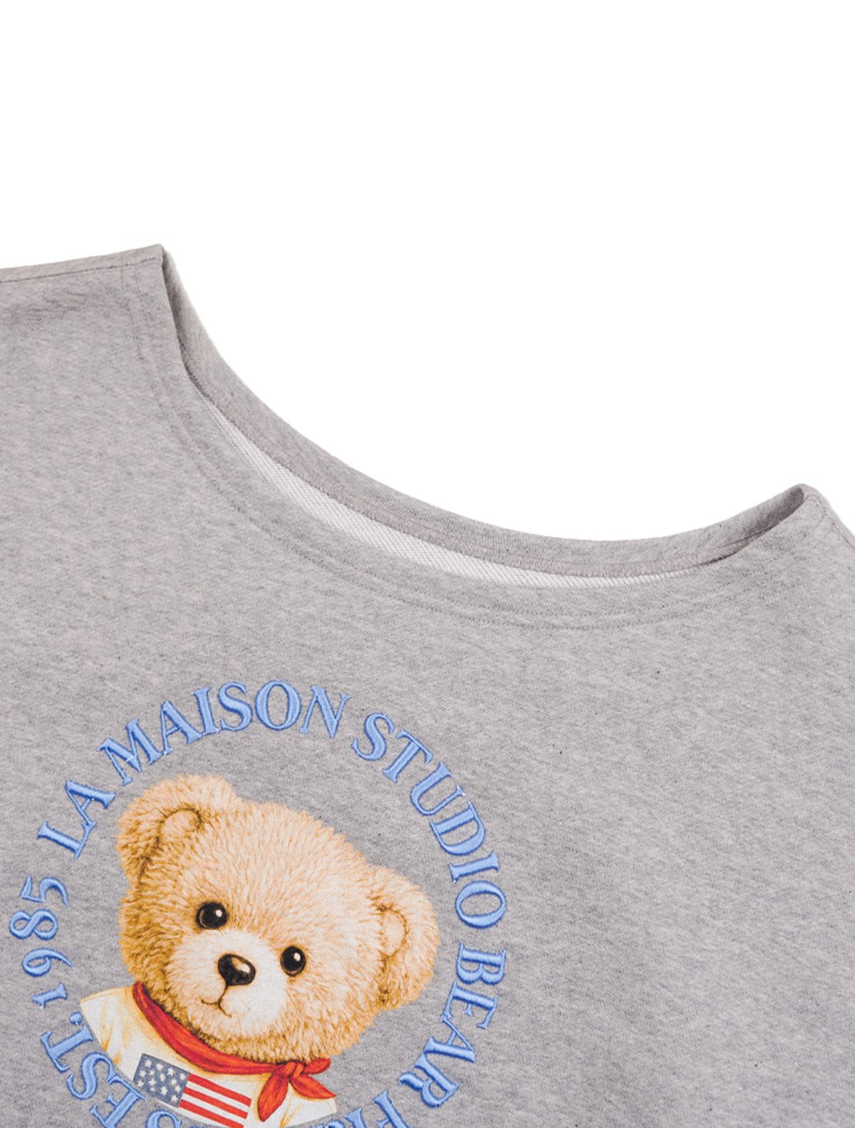 라 메종 스튜디오(LA MAISON STUDIO) BEAR FRIENDS OFF-SHOULDER SWEATSHIRTS MELANGRAY(FCG1TS732W)