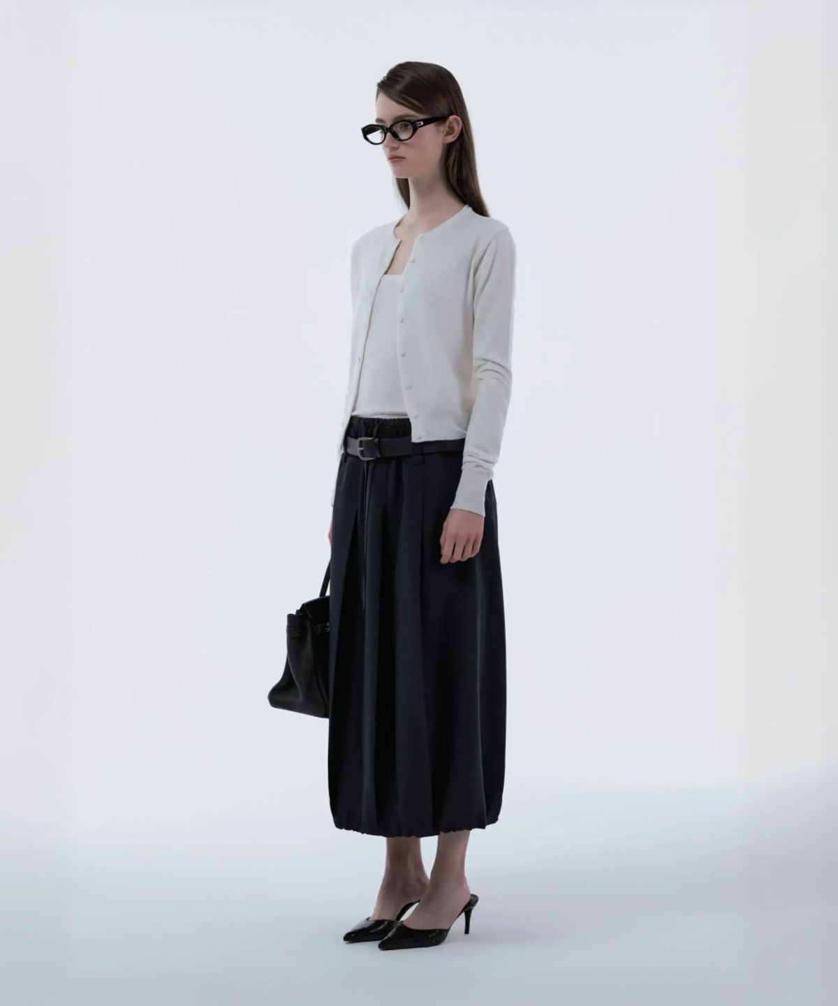 마우솔레움(MAU SOLEUM) Gingham Waistband Layered Balloon Pleated Skirt - Navy