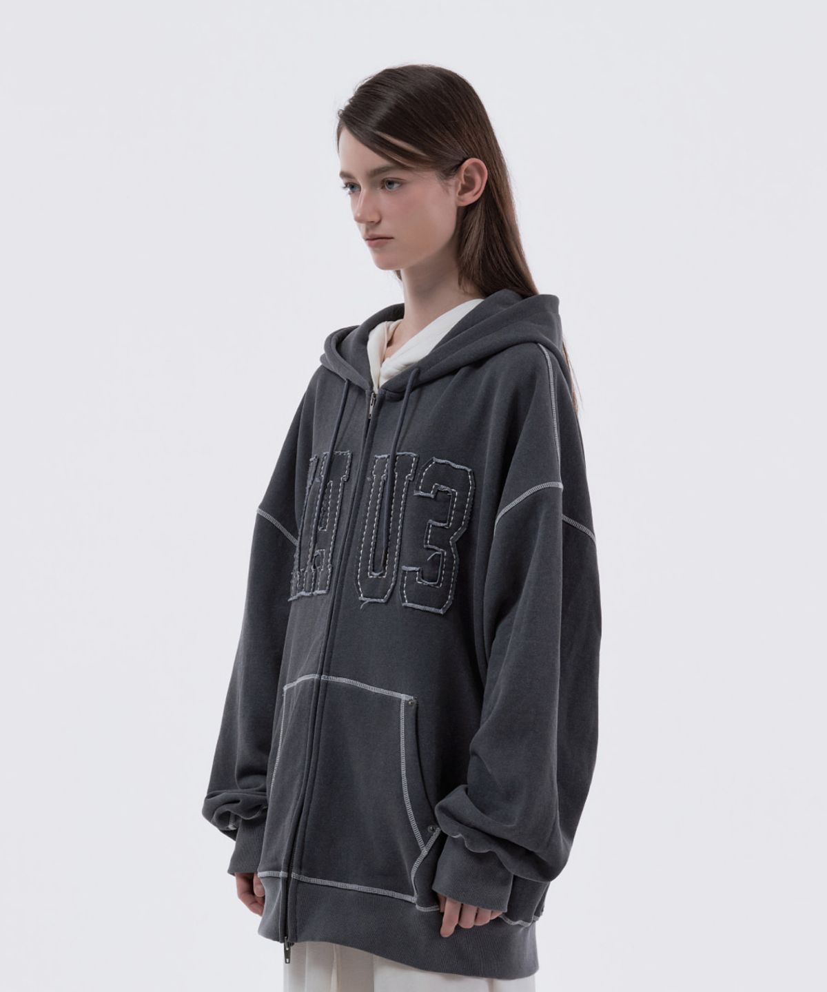 마우솔레움(MAU SOLEUM) MAU3 Loose Fit Hooded Zip-Up - Charcoal