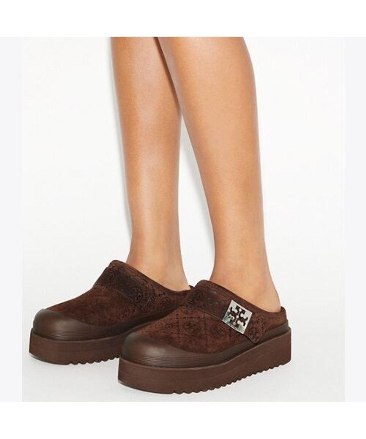 토리버치(TORYBURCH) 멜로우 시어링 플랫폼 뮬 - 다크 코코아 티 모노 / 실버