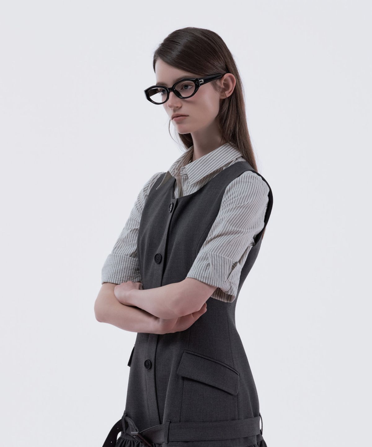 마우솔레움(MAU SOLEUM) Mid-Sleeve Tailored Shirt - Grey Stripe