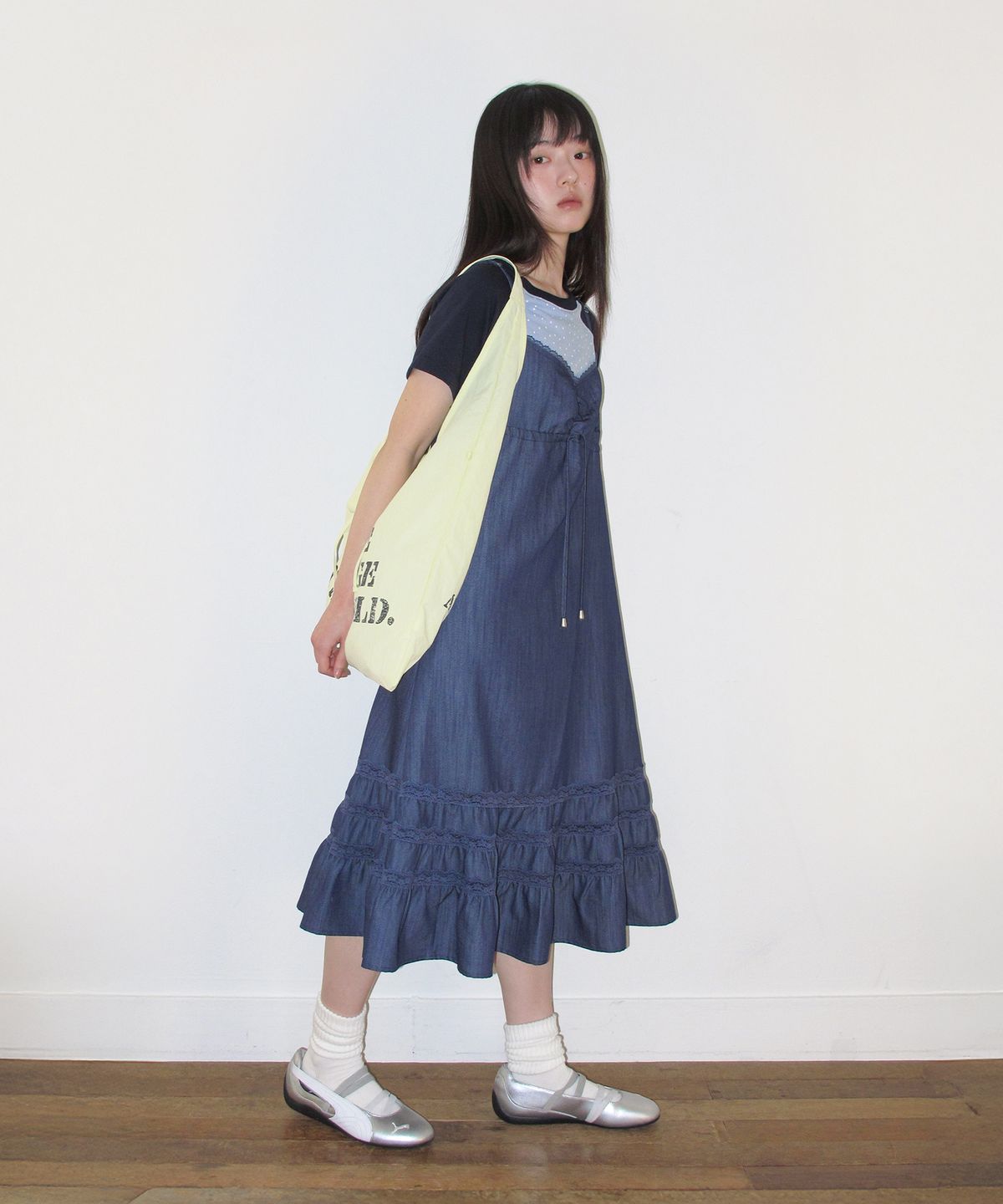 아메스 월드와이드(AMES-WORLDWIDE) LACE SHIRRING DRESS BLUE
