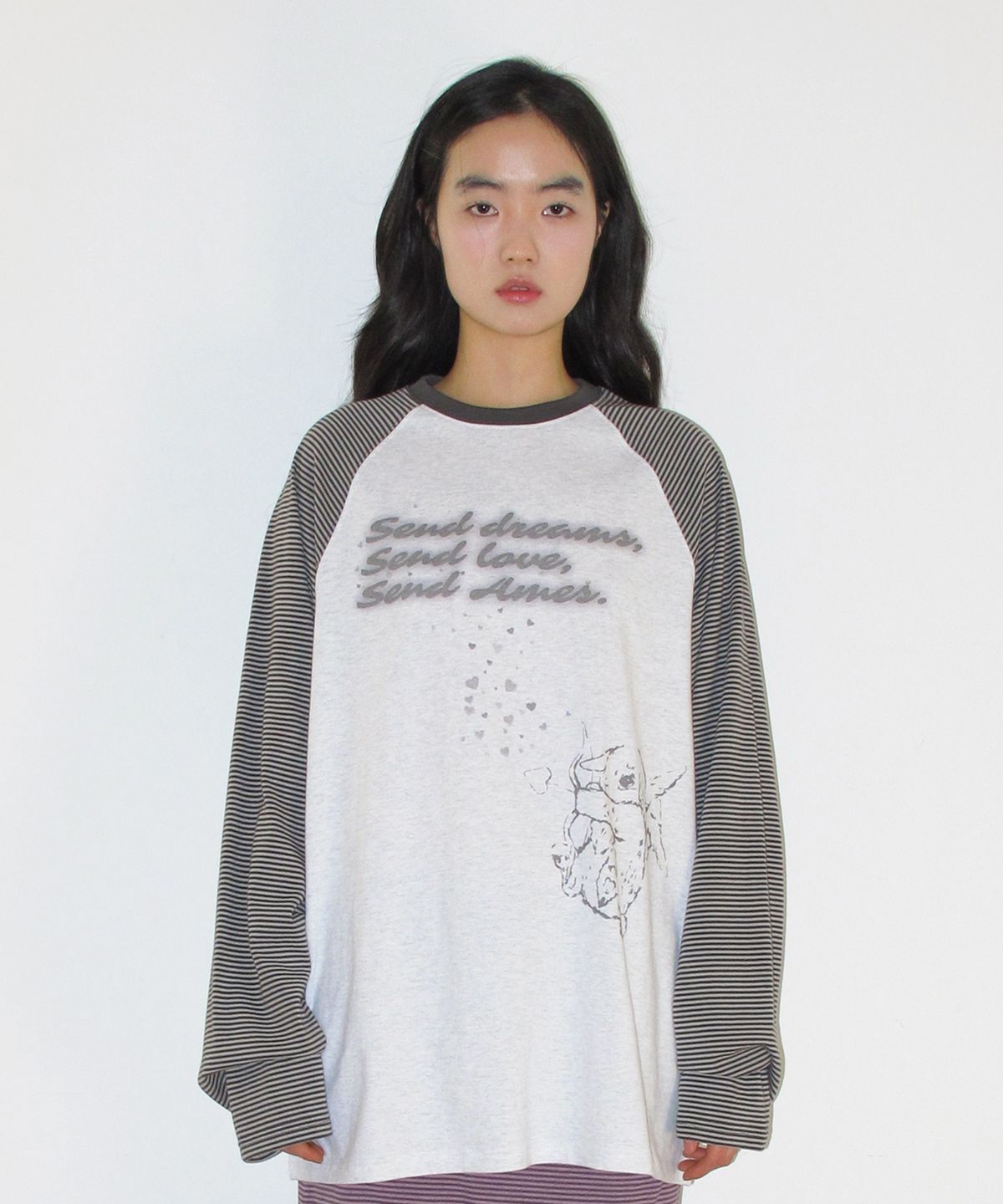 아메스 월드와이드(AMES-WORLDWIDE) CUPID RABBIT STRIPE RAGLAN LS TEE GREY