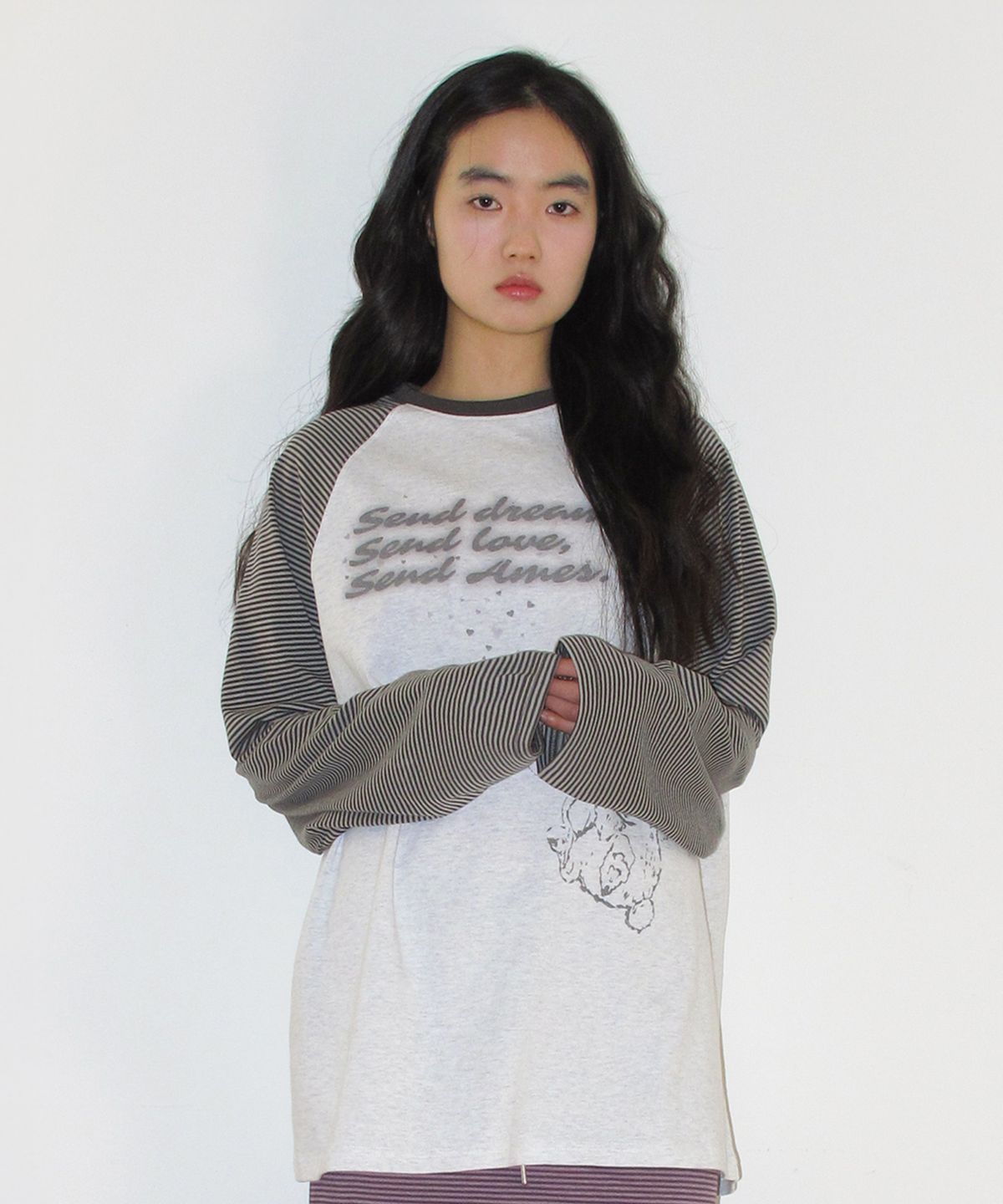 아메스 월드와이드(AMES-WORLDWIDE) CUPID RABBIT STRIPE RAGLAN LS TEE GREY