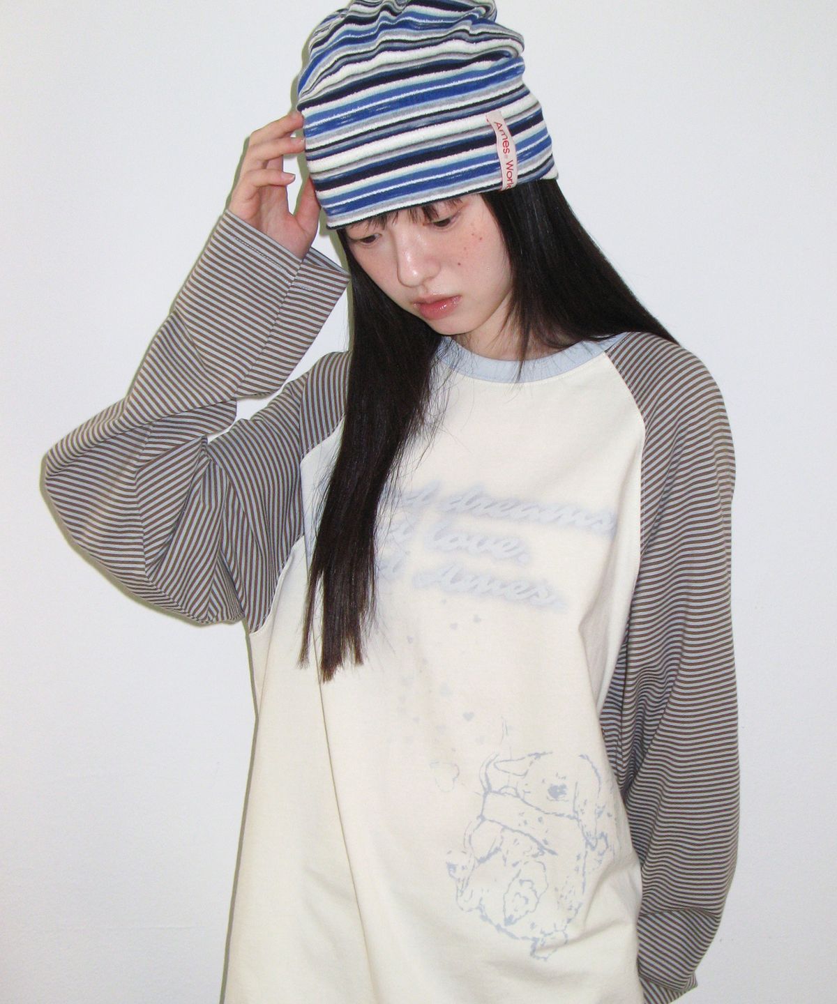 아메스 월드와이드(AMES-WORLDWIDE) CUPID RABBIT STRIPE RAGLAN LS TEE BLUE