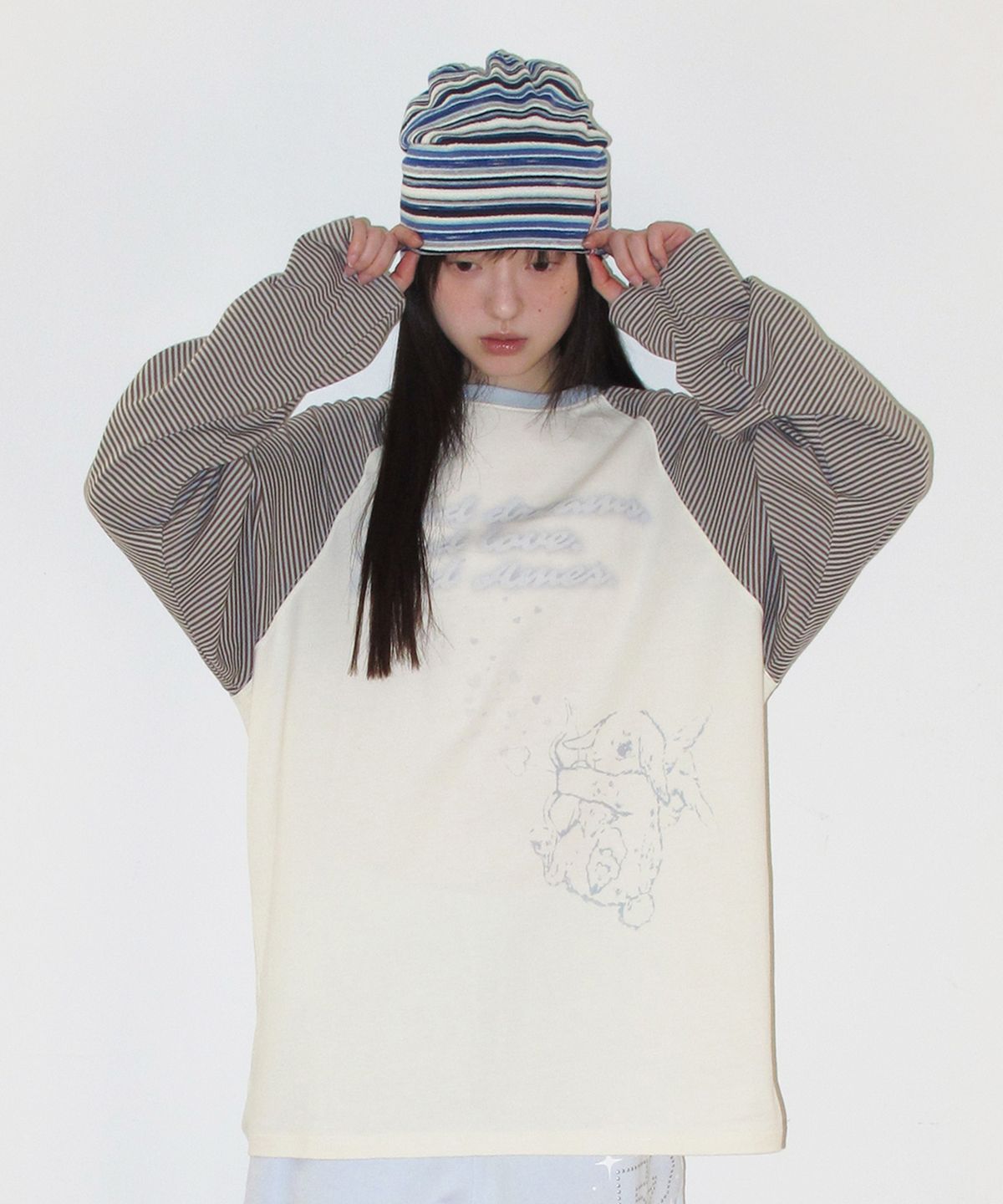 아메스 월드와이드(AMES-WORLDWIDE) CUPID RABBIT STRIPE RAGLAN LS TEE BLUE