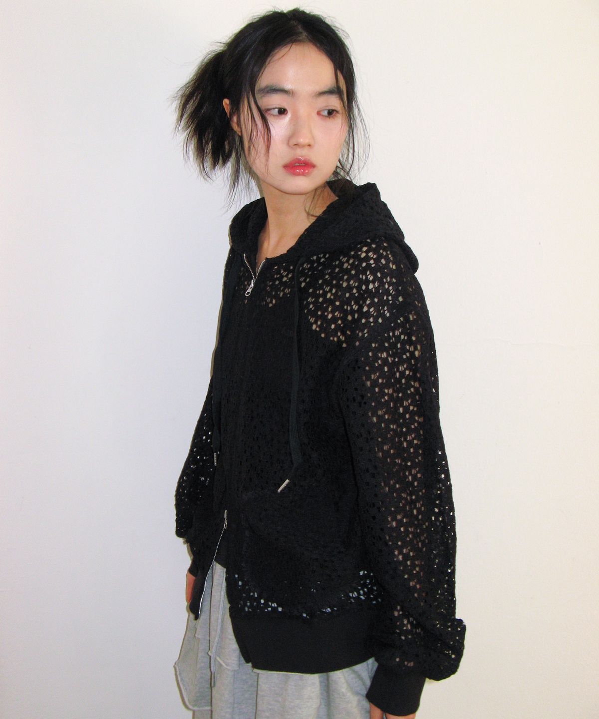 아메스 월드와이드(AMES-WORLDWIDE) LACE HOODIE ZIP-UP BLACK