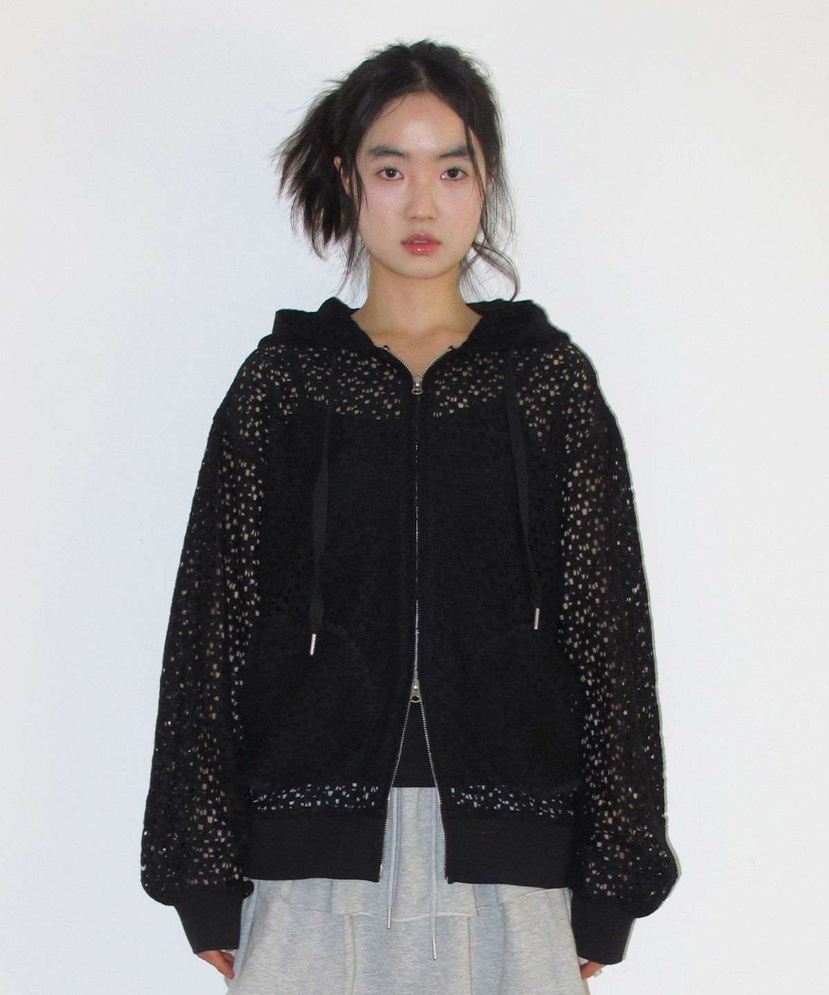 아메스 월드와이드(AMES-WORLDWIDE) LACE HOODIE ZIP-UP BLACK