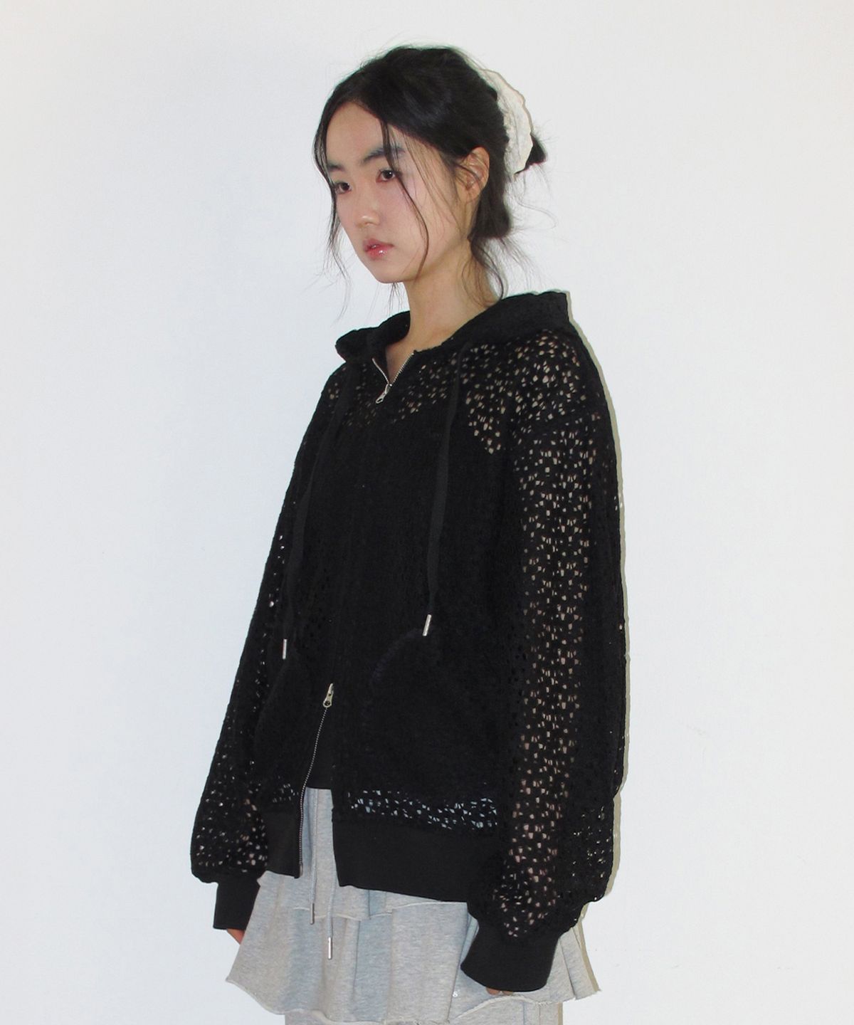 아메스 월드와이드(AMES-WORLDWIDE) LACE HOODIE ZIP-UP BLACK